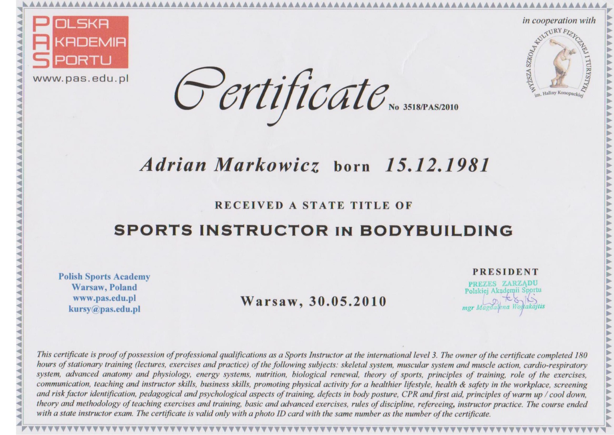 Instruktor Sportu ze specjalnością Bodybuilding