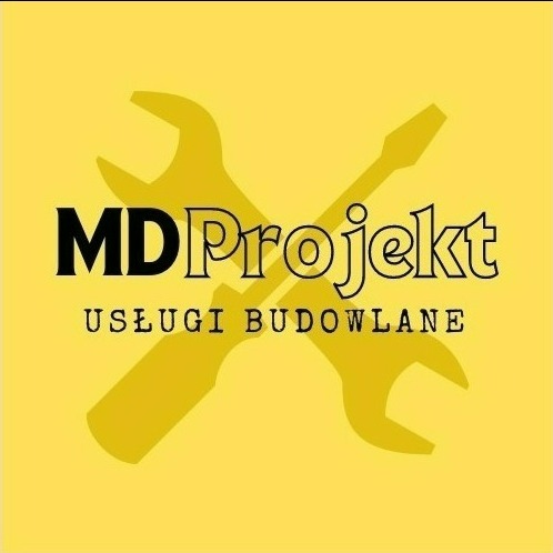 Logo firmy MD Projekt Usługi Budowlane na żółtym tle z grafiką skrzyżowanych klucza francuskiego i śrubokręta.