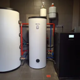 Dwa białe zbiorniki akumulacyjne ciepła, czarny piec z wyświetlaczem, oraz białe zbiorniki wyrównawcze na tle szarych płytek, połączone rurami w kolorach czerwonym i niebieskim.