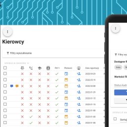 Smithing Systems Sp. z o.o. - Ekran komputera i smartfona prezentujące interfejs aplikacji do zarządzania kierowcami z filtrami wyszukiwania, operacjami masowymi i listą kierowców z datami rejestracji.