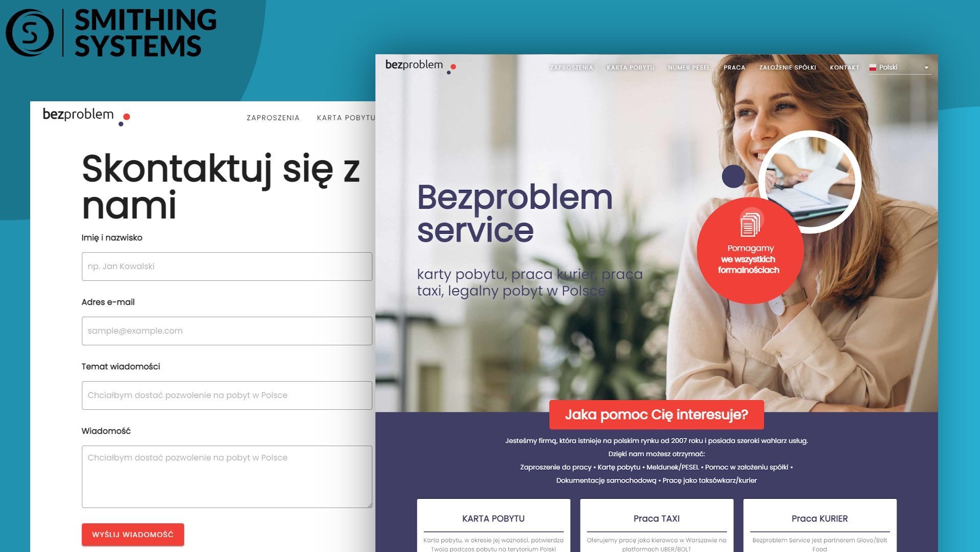 Projekt strony internetowej firmy Bezproblem Service z formularzem kontaktowym i ofertą usług: karty pobytu, praca kurier, taxi, legalny pobyt w Polsce. Na stronie uśmiechnięta kobieta z dokumentami.