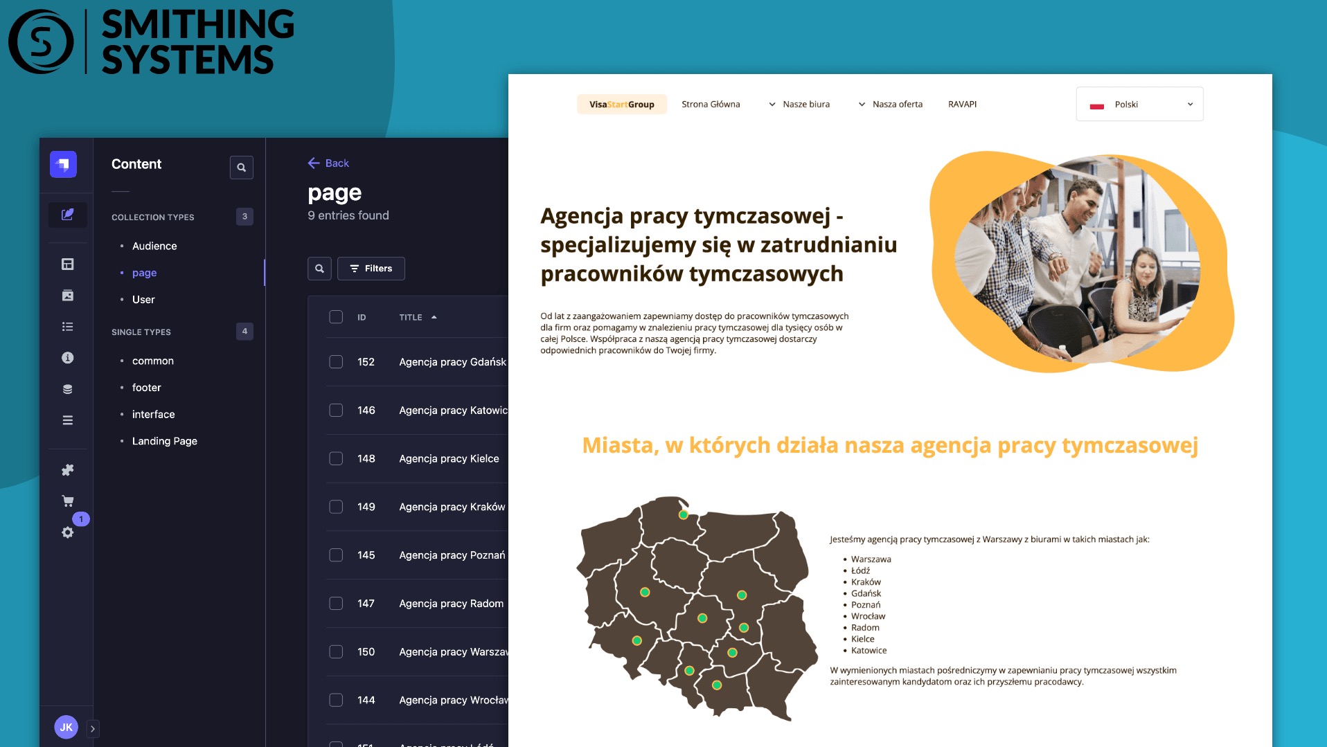 Zrzut ekranu strony internetowej agencji pracy tymczasowej z listą oddziałów w różnych miastach Polski, mapą Polski z zaznaczonymi lokalizacjami biur i zdjęciem zespołu w tle.