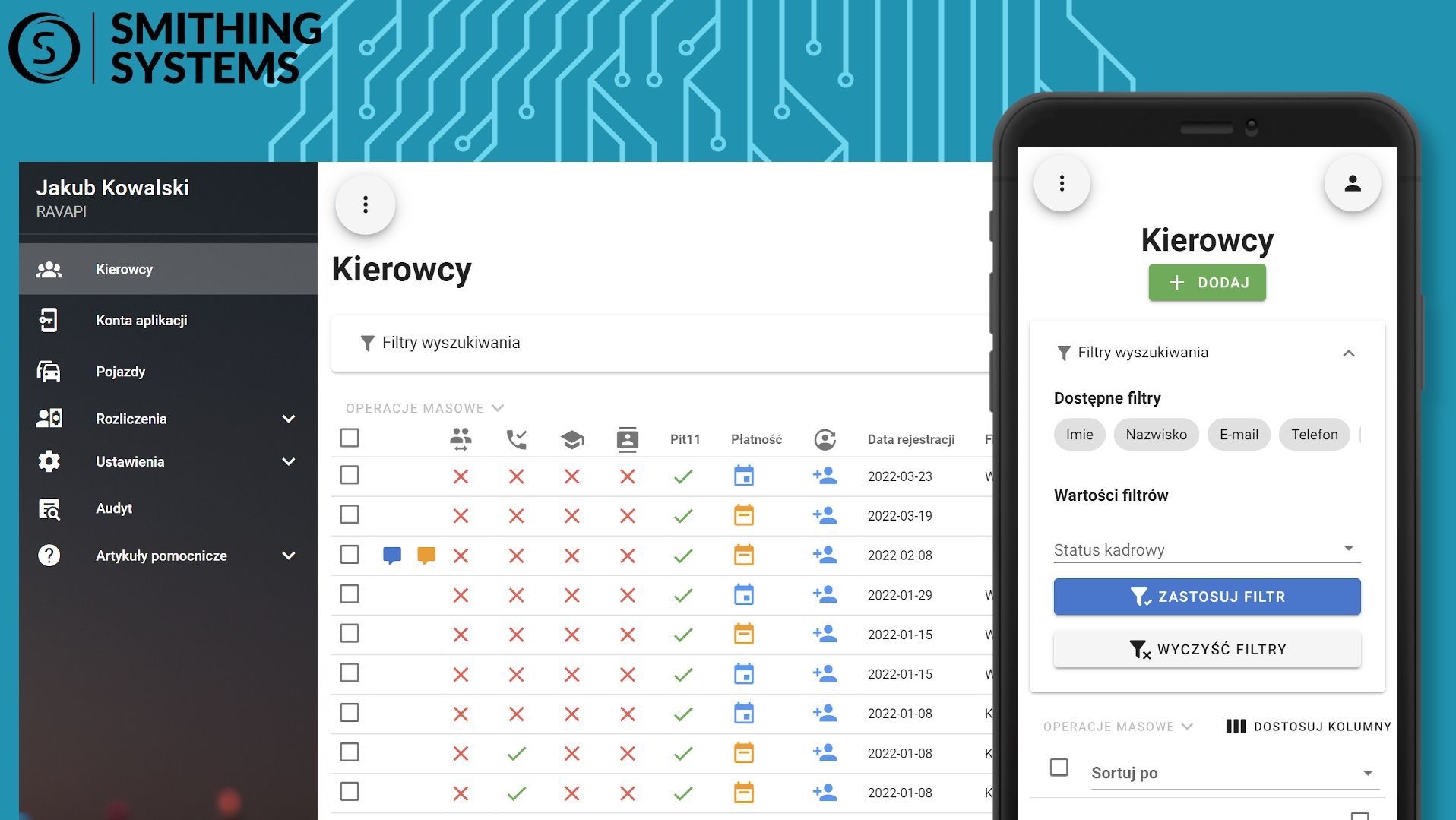 Ekran komputera i smartfona prezentujące interfejs aplikacji do zarządzania kierowcami z filtrami wyszukiwania, operacjami masowymi i listą kierowców z datami rejestracji.