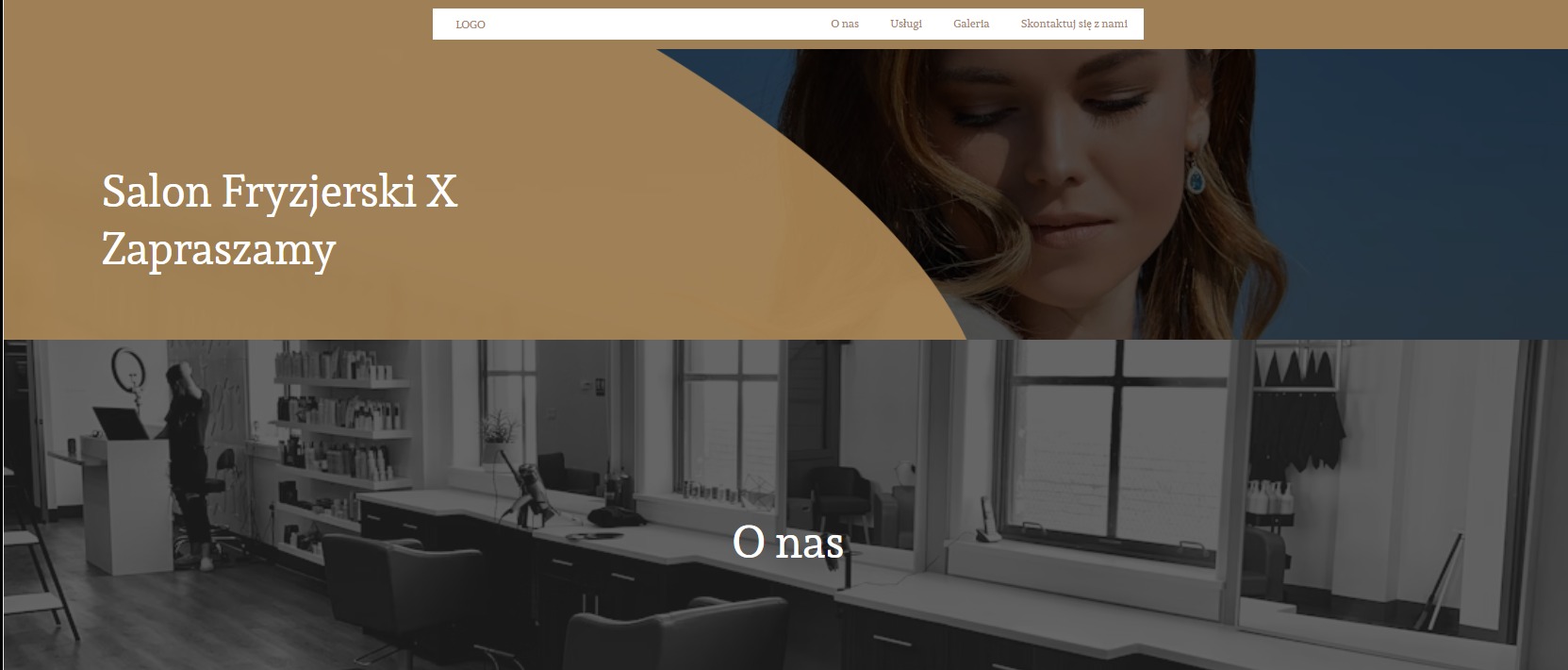 Strona internetowa salonu fryzjerskiego z wizerunkiem kobiety i wnętrzem salonu w tle.