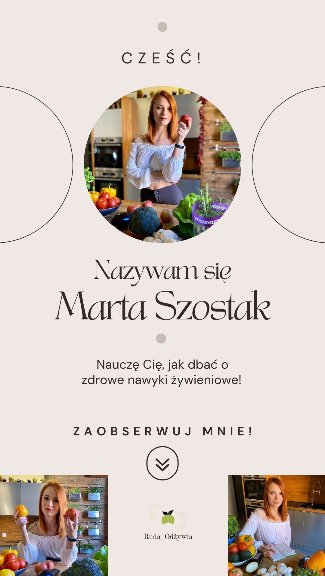 Dietetyk Marta Szostak prezentuje zdrowe nawyki żywieniowe, trzymając jabłko w kuchni z warzywami i ziołami, zachęcając do obserwowania jej profilu.