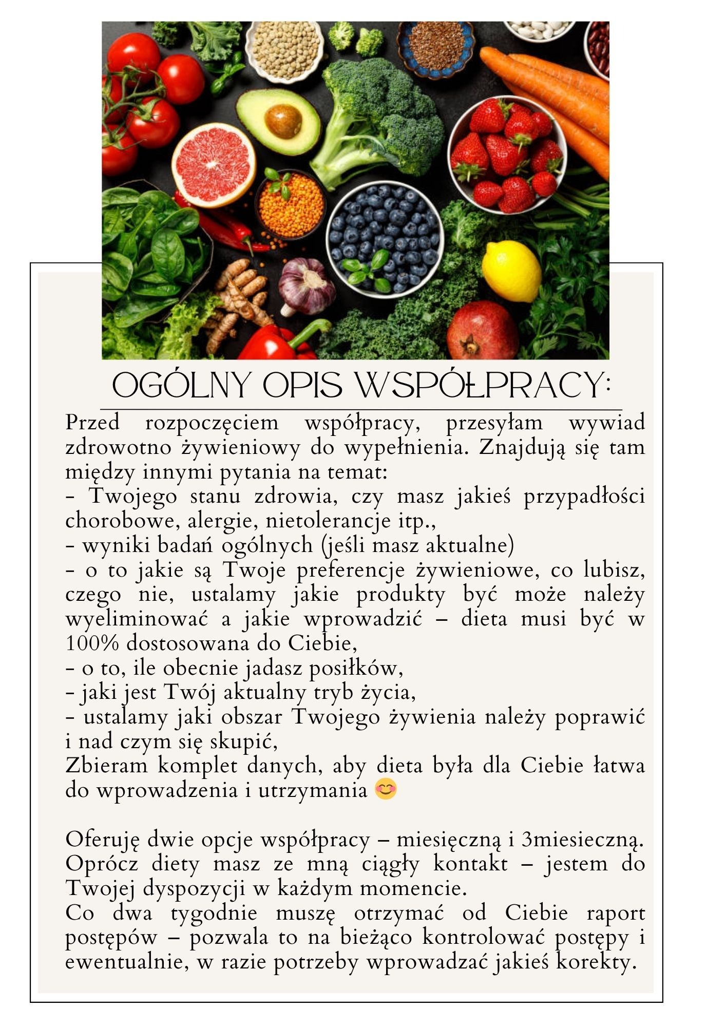 Kompozycja świeżych owoców i warzyw na ciemnym tle, z tekstem opisującym ofertę współpracy w zakresie zdrowego żywienia i dopasowanej diety.