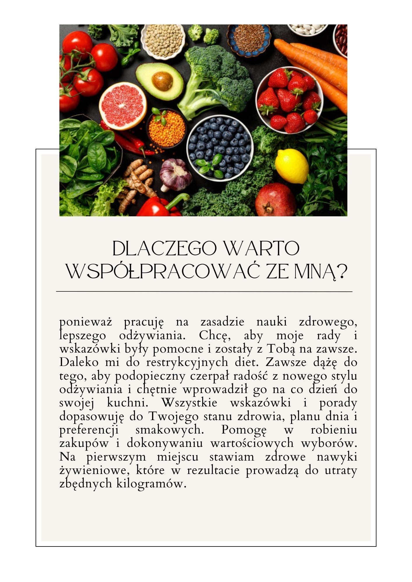 Zdjęcie z góry przedstawia różnorodne świeże warzywa i owoce, w tym pomidory, awokado, brokuły, jagody i truskawki, ułożone na ciemnym tle. Na dole widoczny tekst z pytaniem: Dlaczego warto...