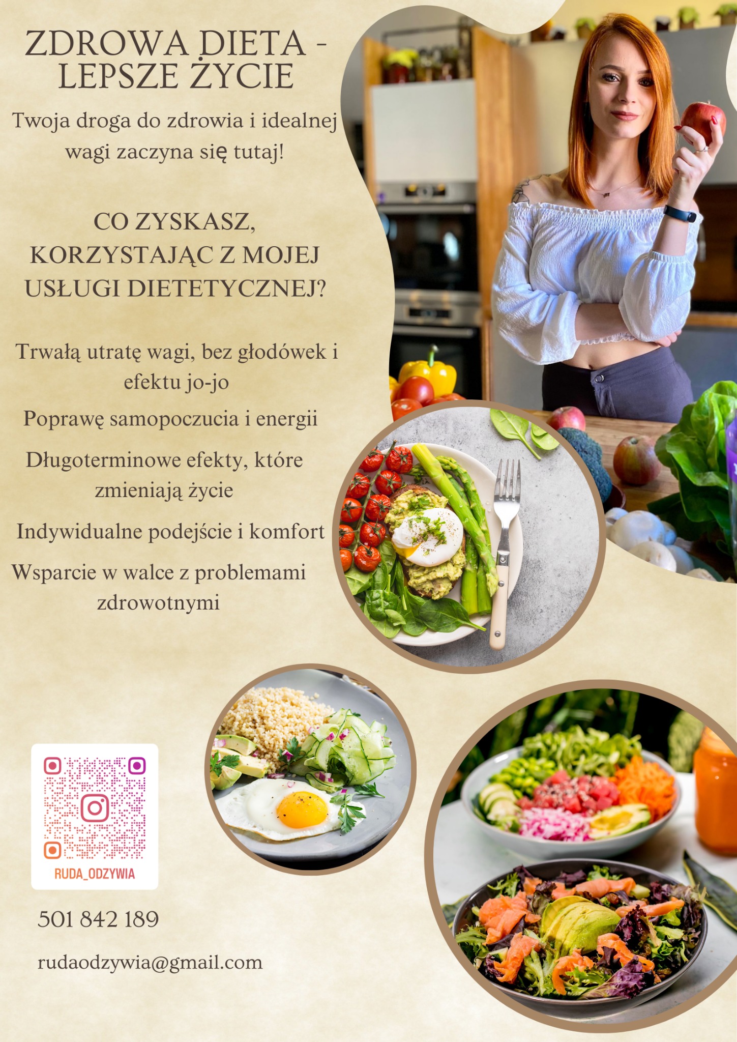 Plakat reklamowy usług dietetycznych w Łodzi: kobieta z jabłkiem, zdrowe posiłki, informacje o korzyściach z diety i dane kontaktowe.