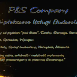 Grafika reklamowa firmy P&S Company oferującej kompleksowe usługi budowlane, w tym budowę domów pod klucz, dachy, elewacje i remonty, z efektownym tłem ognia i lodu.