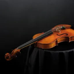 Wysokiej jakości, brązowy skrzypce leżące na czarnej, satynowej tkaninie, z ciemnym tłem.