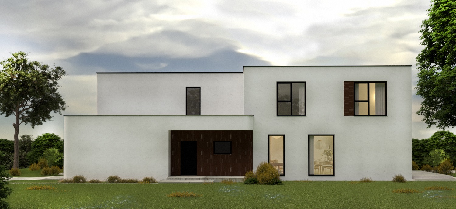 Nowoczesny dom jednorodzinny z płaskim dachem i elewacją w kolorze złamanej bieli, z elementami dekoracyjnymi z ciemnego drewna przy wejściu i cegły przy oknie, otoczony zielonym trawnikiem...