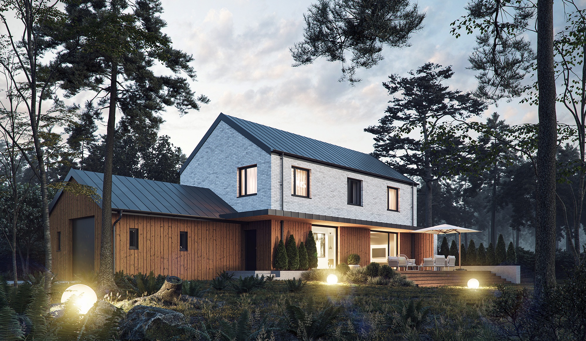 Wizualizacja nowoczesnego domu jednorodzinnego z białej cegły i drewnianą elewacją, otoczonego lasem, z oświetleniem zewnętrznym w postaci kulistych lamp.