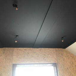 Solid-Art - Ciemny, matowy sufit z widocznymi przewodami oświetleniowymi w surowym wnętrzu poddasza z oknem i ścianami wyłożonymi płytą OSB.