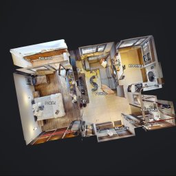 ReJoN Nieruchomości Joanna Rejnowicz - Rzut 3D mieszkania z widocznym balkonem, pokojami, kuchnią i łazienką, ukazujący rozkład pomieszczeń i umeblowanie.