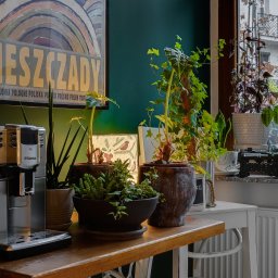 ReJoN Nieruchomości Joanna Rejnowicz - Ekspres do kawy Saeco na drewnianym blacie, obok doniczki z sukulentami i plakatu Bieszczady na ścianie w tle, z widokiem na budynek mieszkalny za oknem.