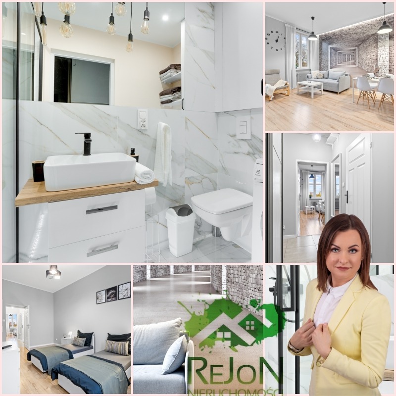 Kolaż zdjęć z wnętrz mieszkania: łazienka z marmurowymi płytkami, sypialnia z dwoma łóżkami, salon z tapetą imitującą ceglany tunel, oraz portret kobiety w żółtym żakiecie z logo agencji...