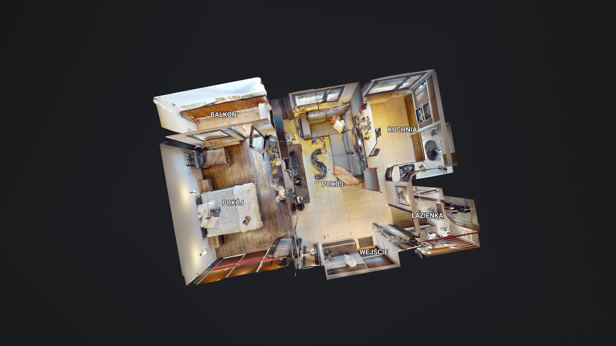 Rzut 3D mieszkania z widocznym balkonem, pokojami, kuchnią i łazienką, ukazujący rozkład pomieszczeń i umeblowanie.