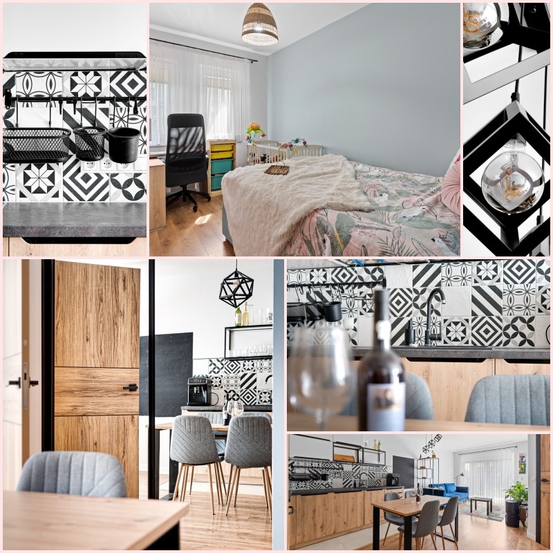 Kolaż zdjęć przedstawia wnętrza mieszkania: pokój dziecięcy z łóżeczkiem, kuchnię z czarno-białymi płytkami i drewnianymi szafkami, jadalnię ze szklankami i butelką wina, oraz salon z niebieską sofą.