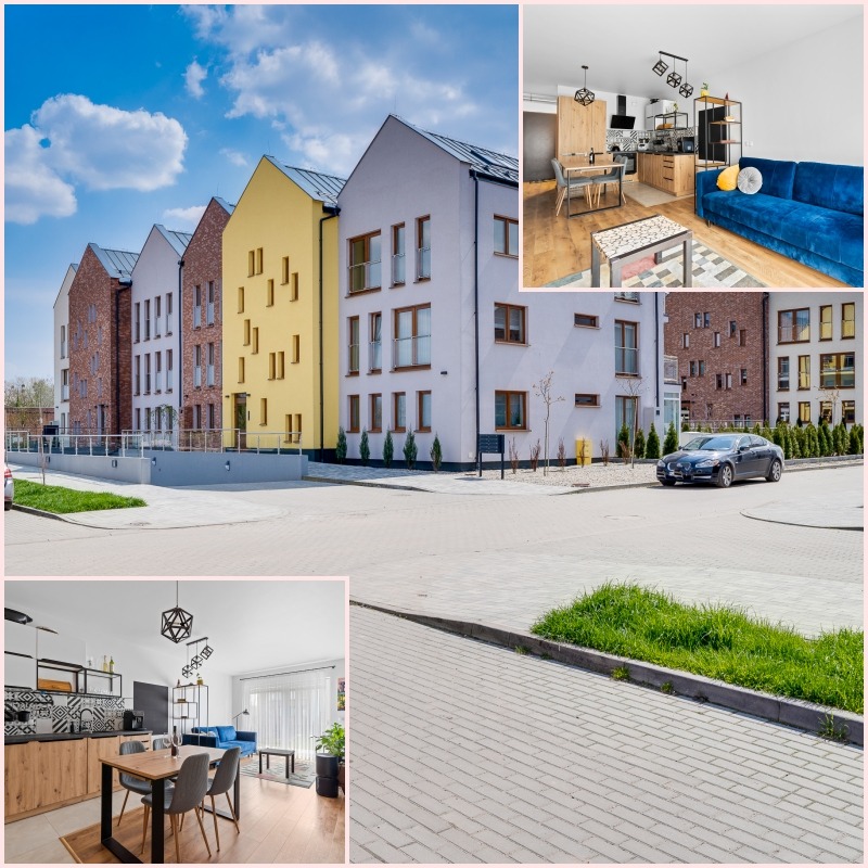 Nowoczesne osiedle z budynkami o zróżnicowanej kolorystyce elewacji: ceglana, biała i żółta, z widocznym wnętrzem jednego z mieszkań z niebieską sofą i drewnianymi meblami w tle.