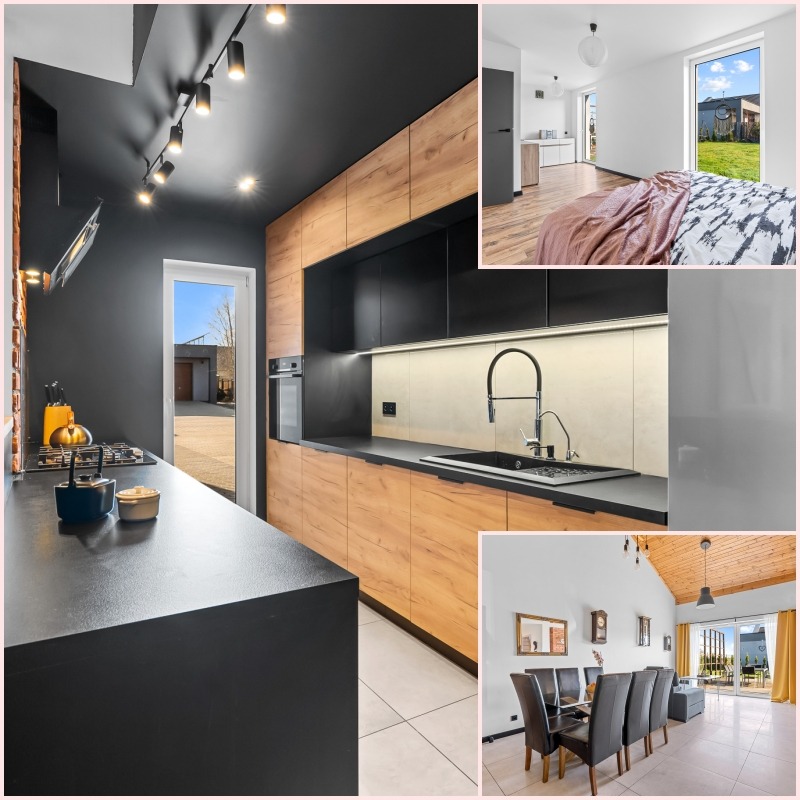Nowoczesne wnętrze domu: kuchnia z drewnianymi szafkami i czarnym blatem, sypialnia z dużym oknem i salon z drewnianym sufitem i długim stołem