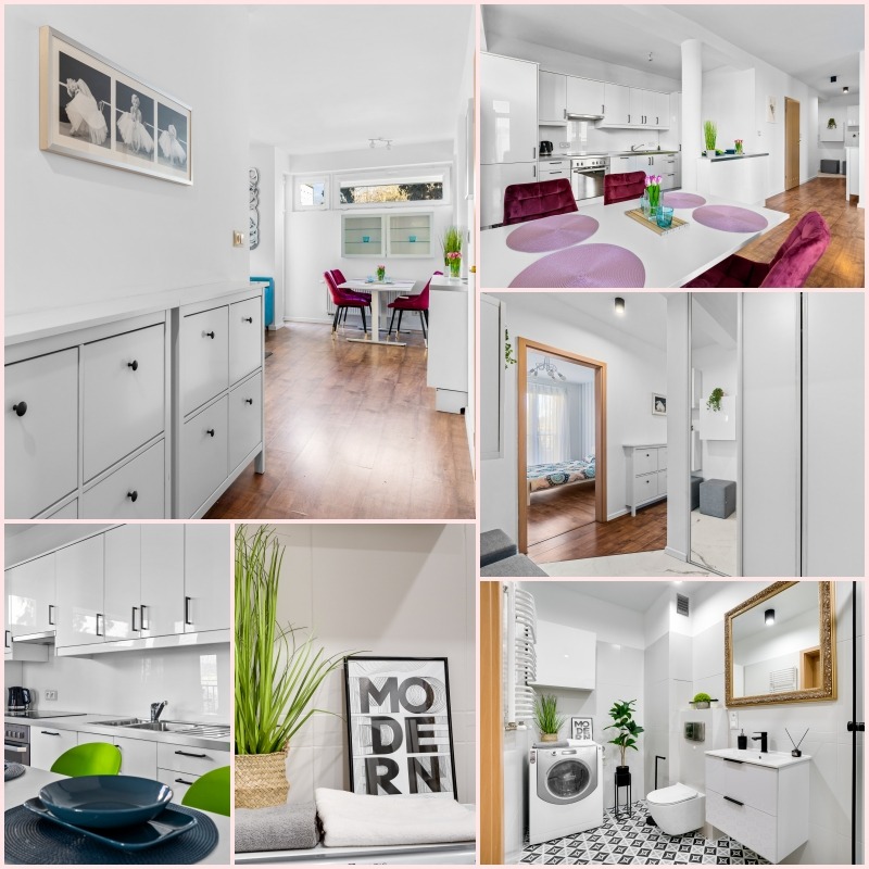 Kolaż zdjęć przedstawiających wnętrza nowoczesnego, jasnego mieszkania: salon z jadalnią, kuchnię, sypialnię i łazienkę z wzorzystą podłogą.