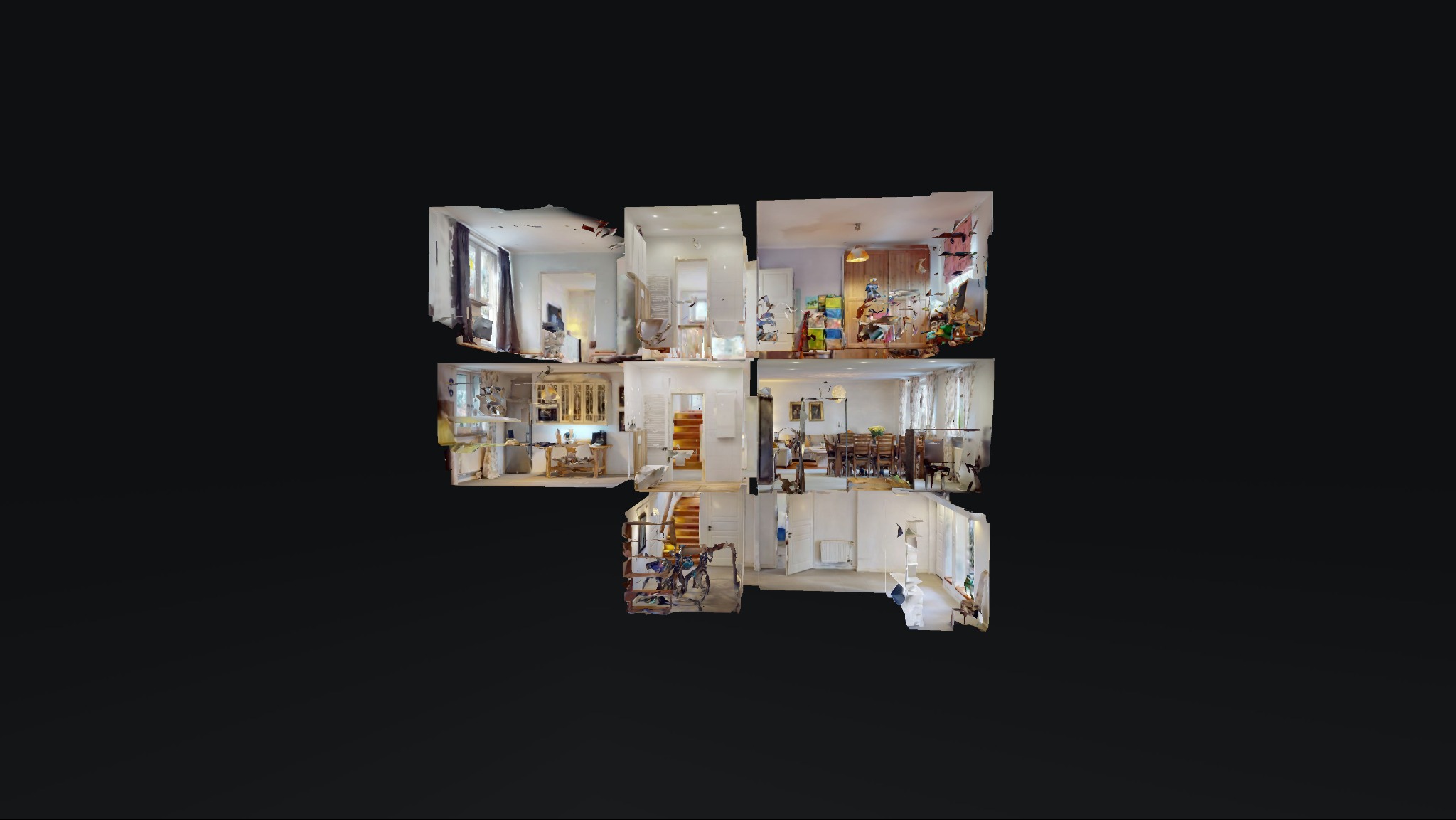 Przekrój 3D mieszkania ukazujący różne pomieszczenia: salon z jadalnią, kuchnię, sypialnię, łazienkę i przedpokój ze schodami.