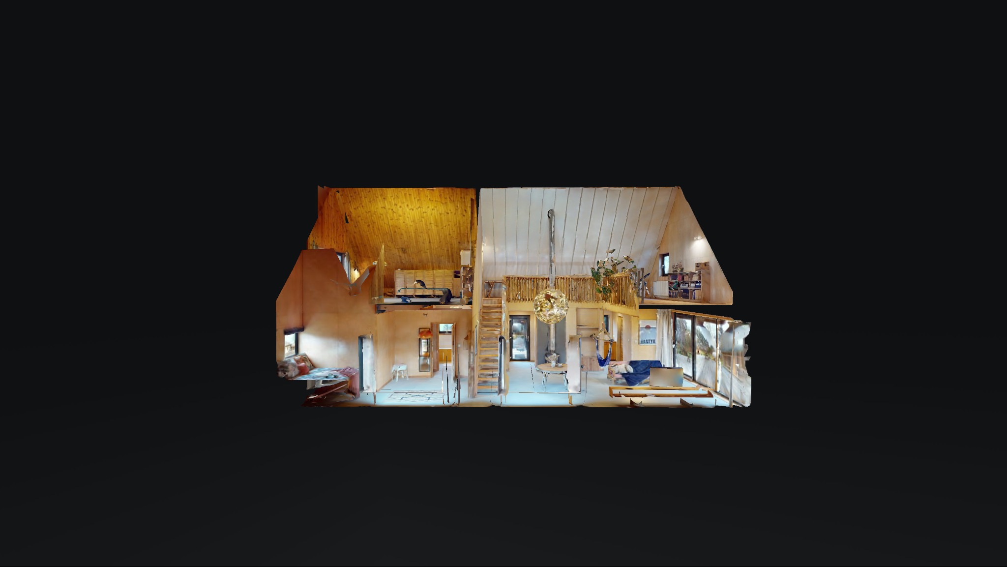 Przekrój 3D dwupoziomowego domu z drewnianym wykończeniem, ukazujący salon z antresolą, schody, wiszącą lampę i meble.