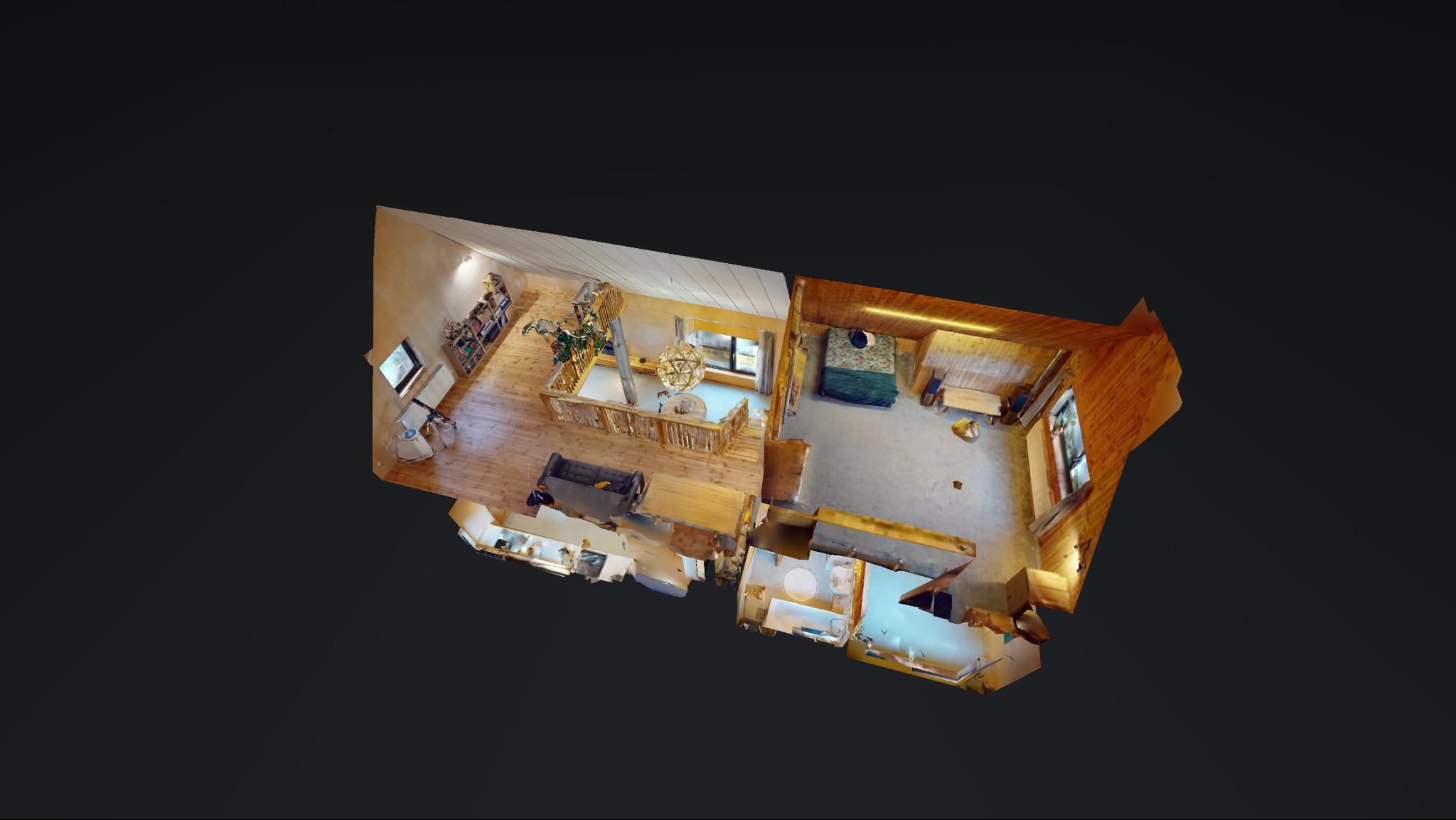 Wirtualny rzut 3D przestronnego domu z drewnianymi elementami, ukazujący układ pomieszczeń: salon z antresolą, sypialnię, łazienkę i kuchnię.