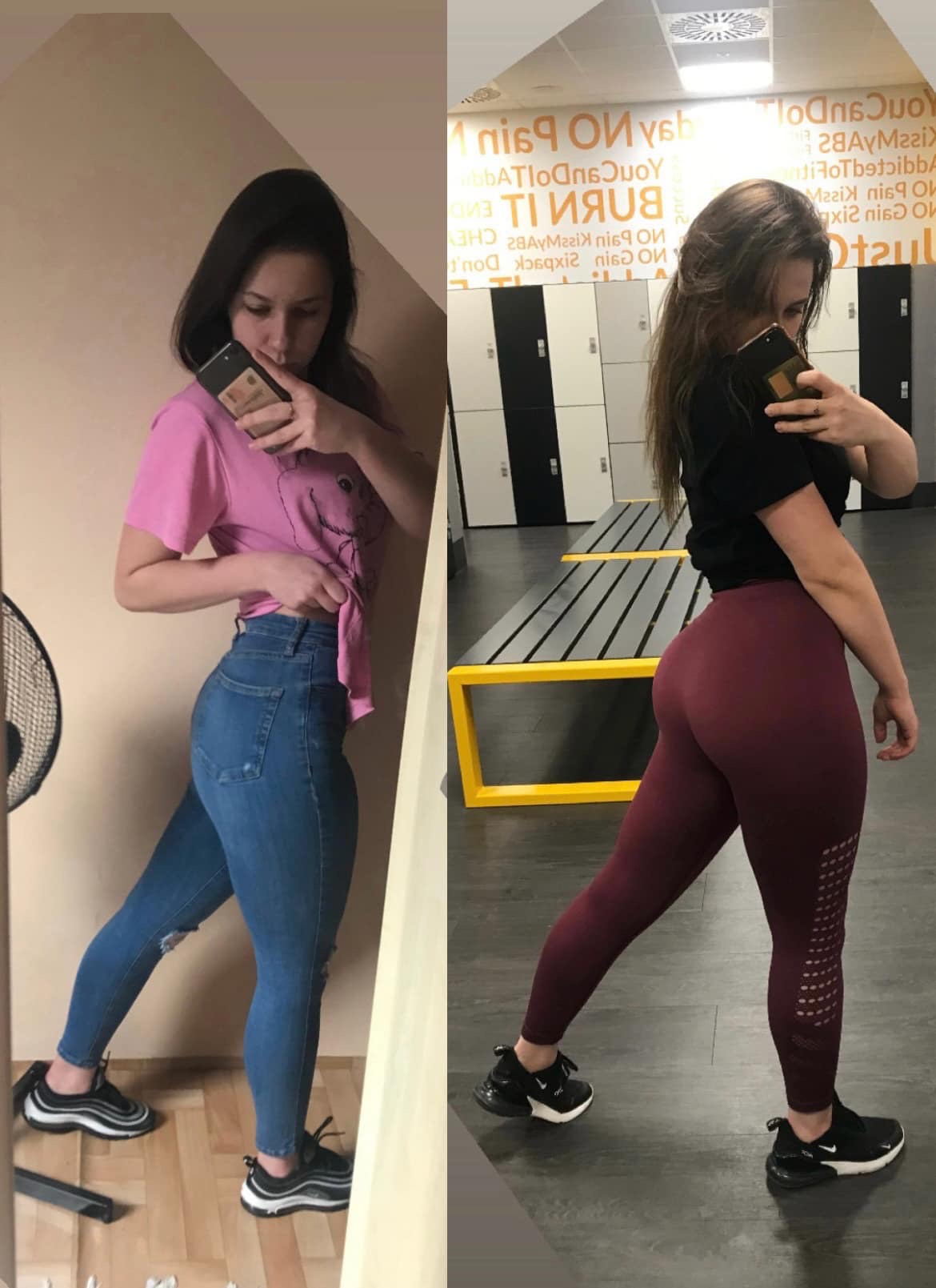 Kolaż dwóch zdjęć kobiety prezentującej efekty treningu: po lewej w dżinsach i różowej koszulce, po prawej w legginsach i czarnej koszulce, obie robią selfie w lustrze.