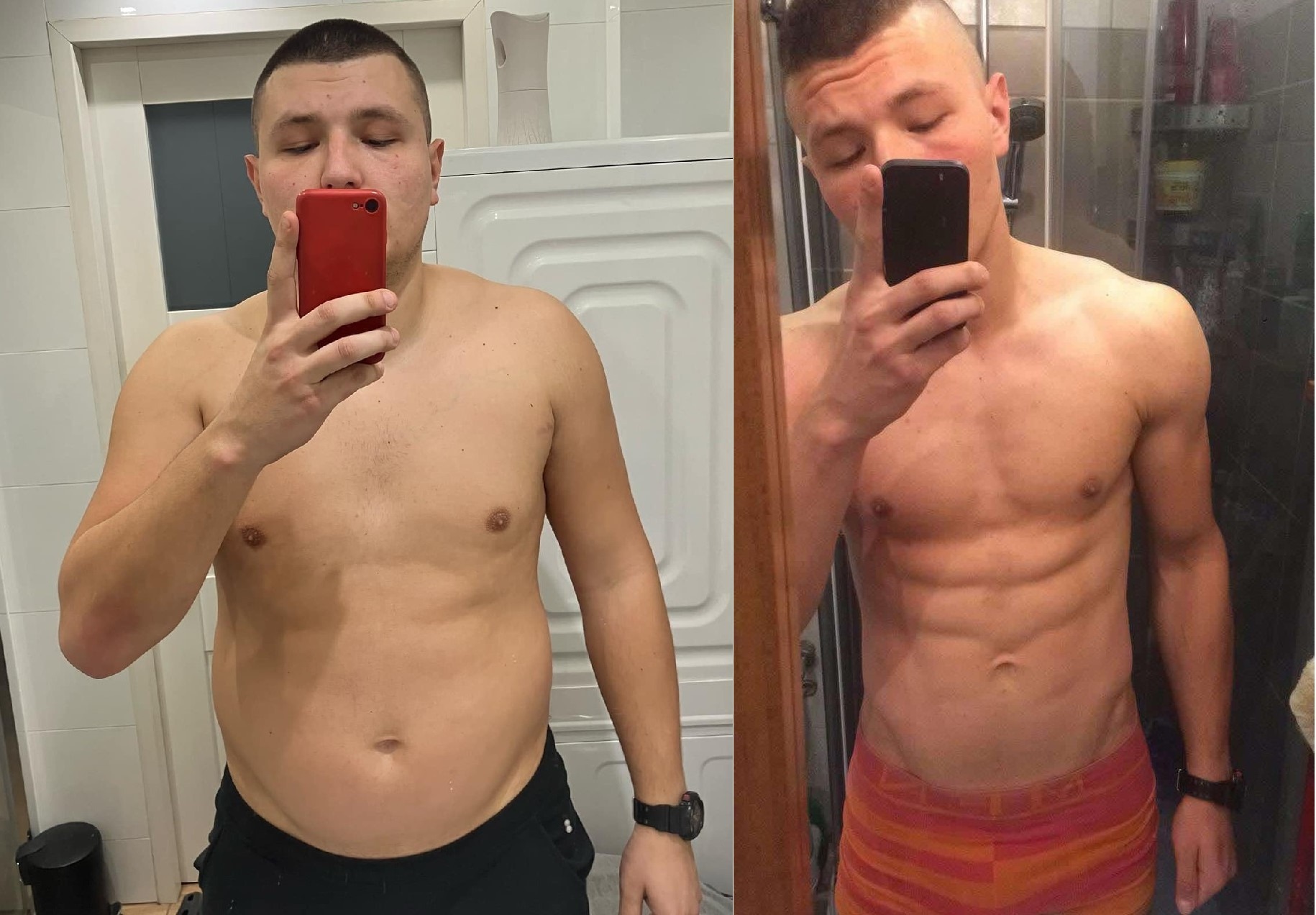 Mężczyzna prezentuje metamorfozę sylwetki: zdjęcie 'przed' i 'po' treningach, widoczne różnice w budowie ciała i redukcji tkanki tłuszczowej, zrobione w łazience.