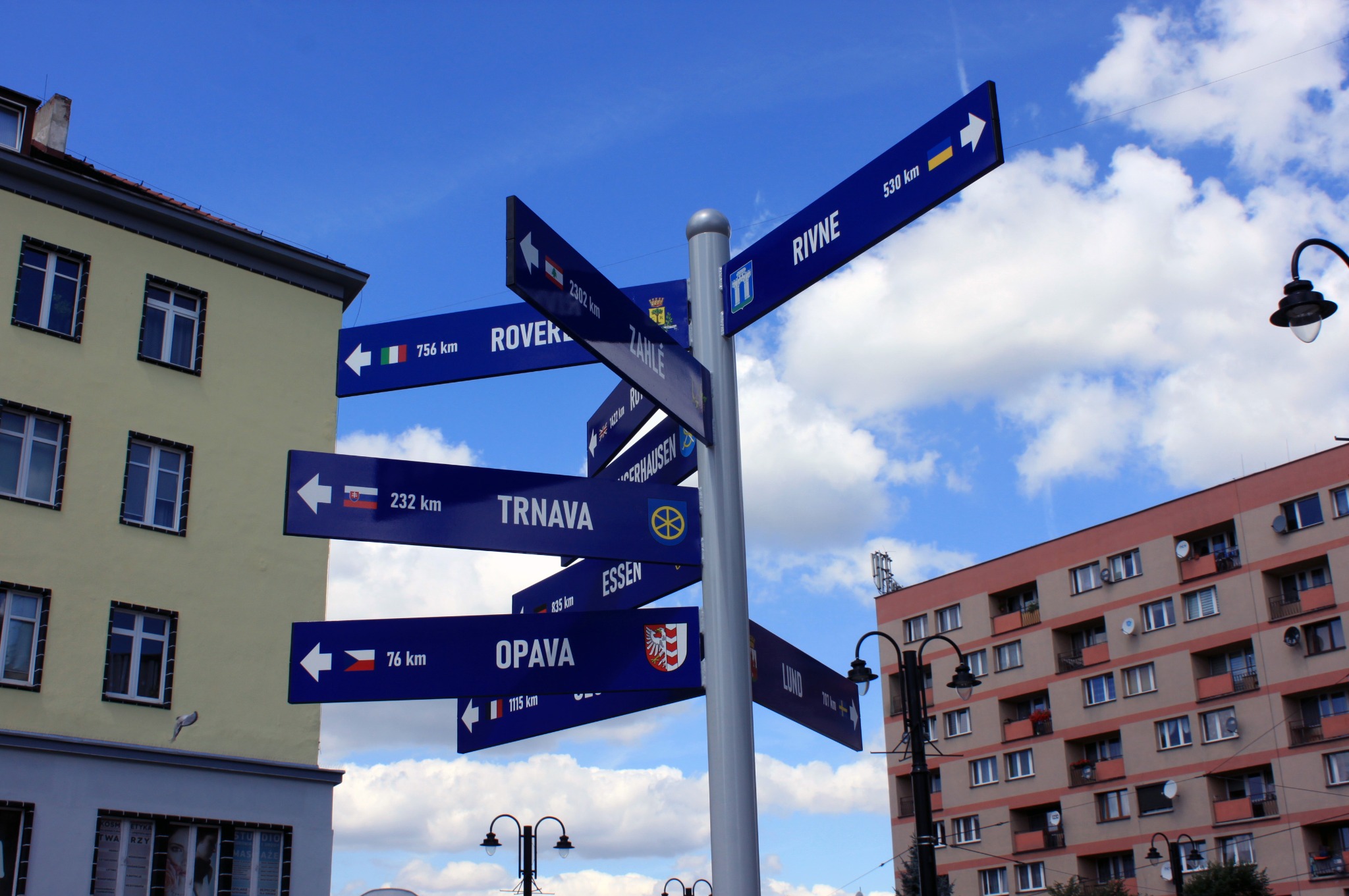 Słup z drogowskazami do różnych miast, z flagami i odległościami w kilometrach, na tle błękitnego nieba i budynków.
