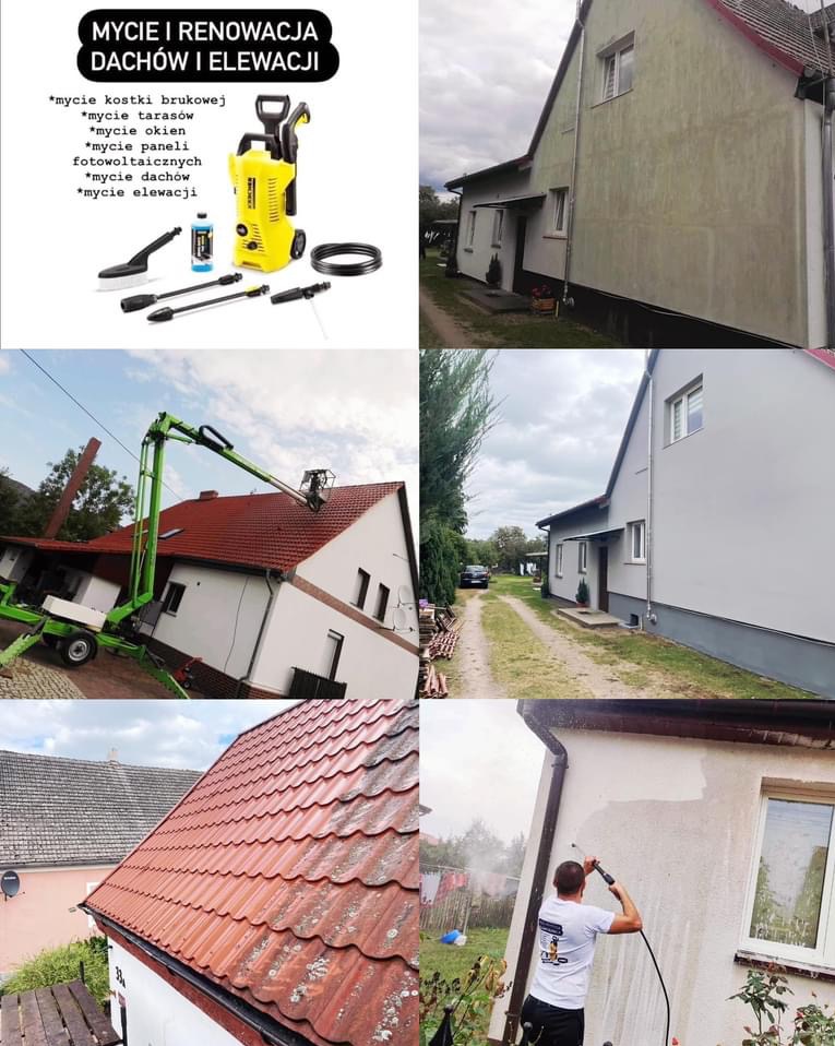 Zestawienie zdjęć: mycie elewacji jasnym budynkiem przed i po, czyszczenie dachu z podnośnika koszowego, czerwona dachówka przed i po czyszczeniu, mężczyzna myjący elewację myjką ciśnieniową...