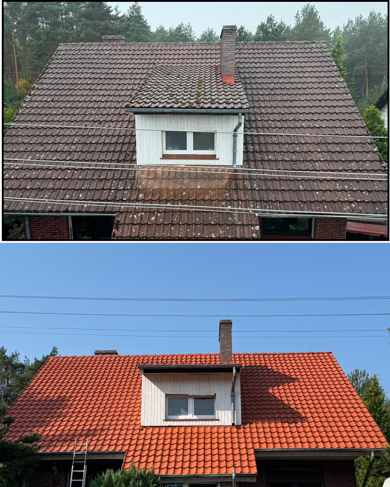 Porównanie dachu przed i po czyszczeniu: górna część z widocznymi zabrudzeniami i mchem, dolna część z czystą, czerwoną dachówką.