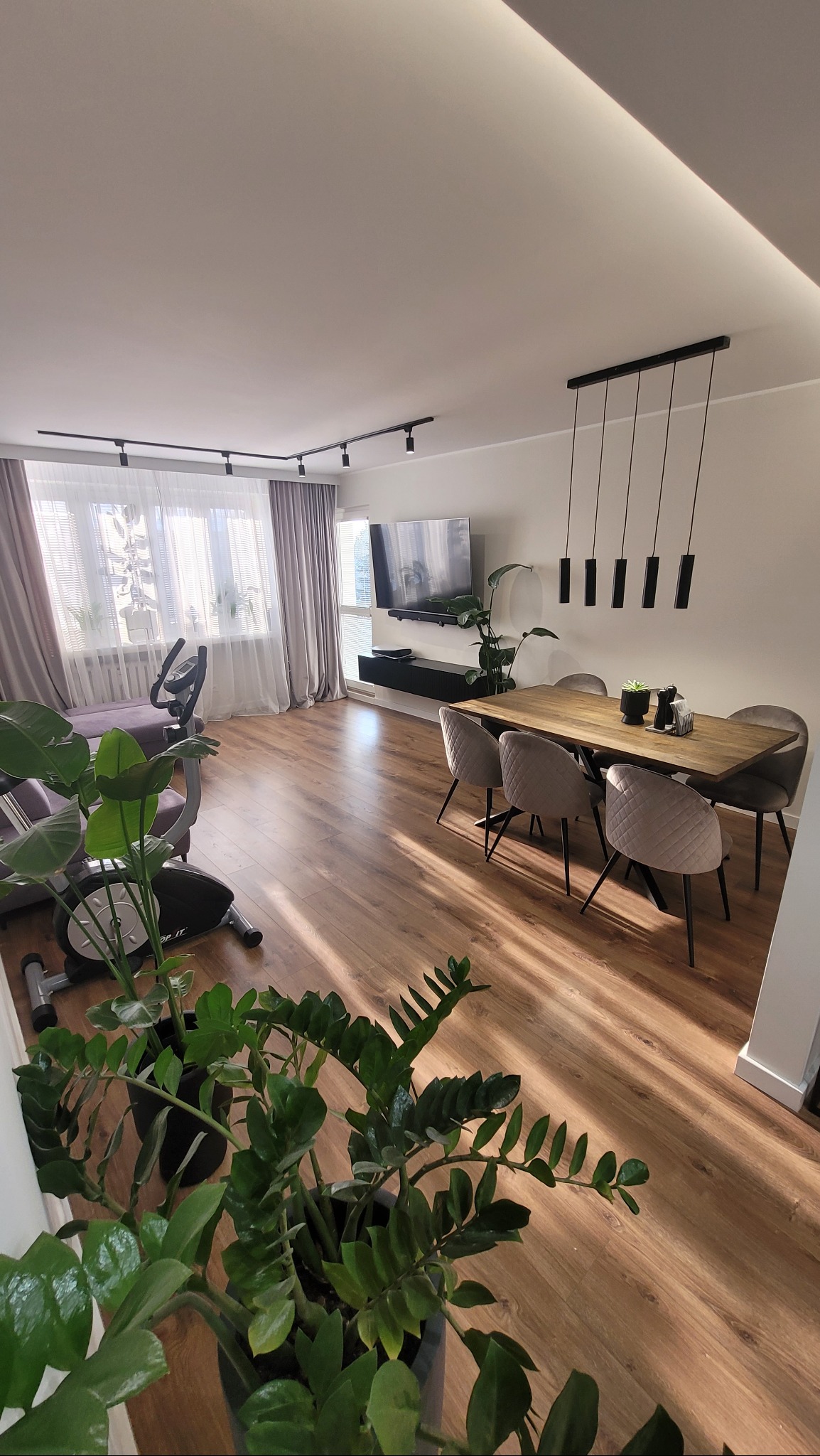 Jasne wnętrze pokoju dziennego z drewnianą podłogą, stołem jadalnym z szarymi krzesłami, telewizorem na ścianie, oświetleniem szynowym i wiszącymi lampami, rowerem stacjonarnym i roślinami...