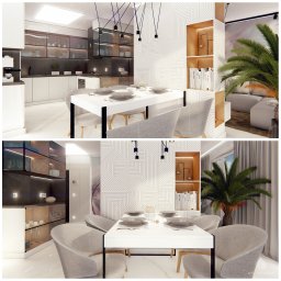 WhiteHouse - Wnętrze nowoczesnej jadalni z kuchnią w tle: biały stół z zastawą, szare krzesła, przeszklone szafki kuchenne z oświetleniem LED, dekoracyjna ściana z geometrycznym wzorem i regał z książkami...