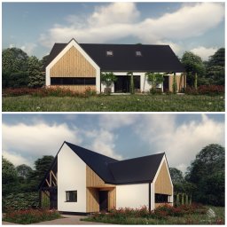 WhiteHouse - Wizualizacja nowoczesnego domu jednorodzinnego z czarnym dachem, białymi ścianami i elementami z naturalnego drewna, otoczonego zielenią i czerwonymi kwiatami, z widocznymi detalami...