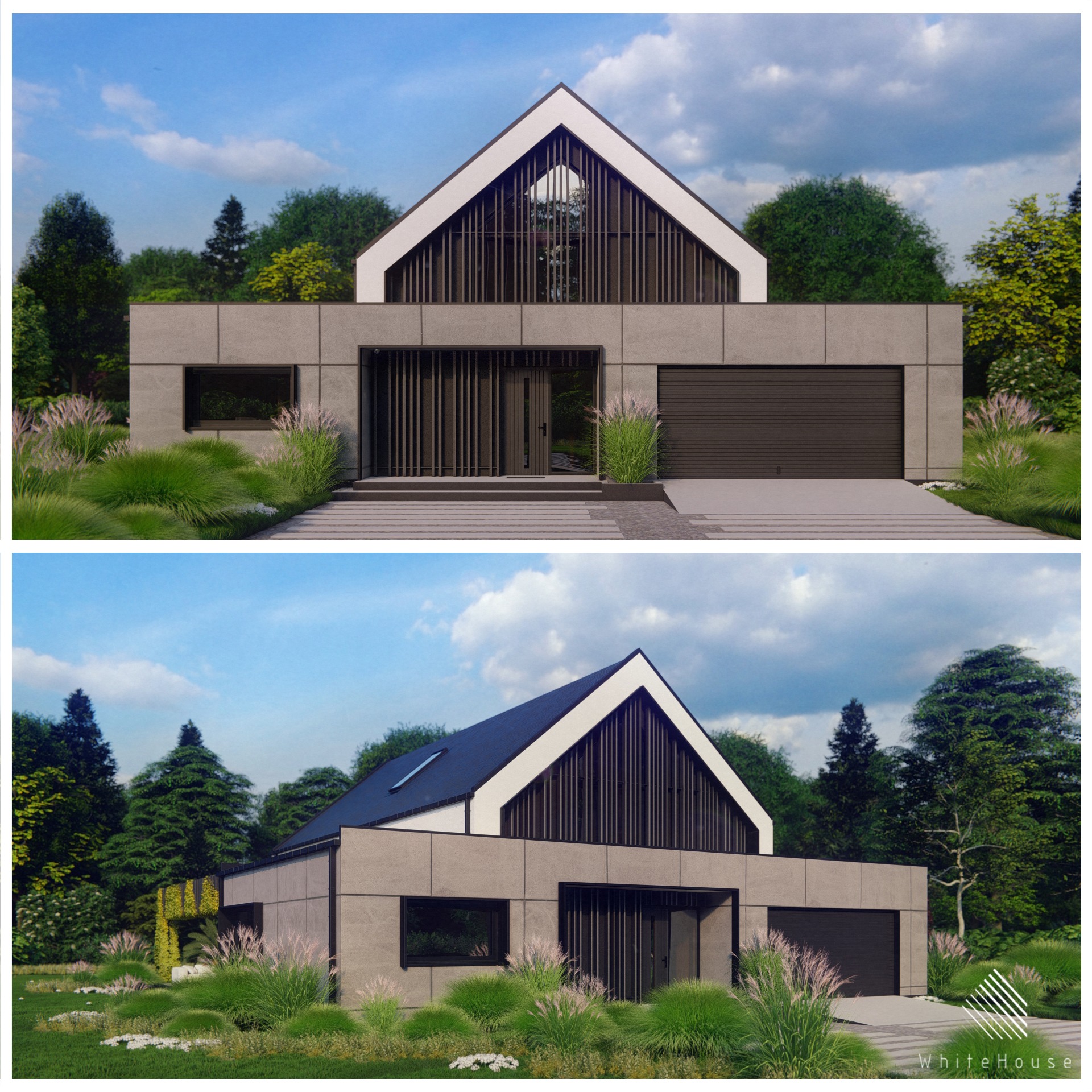 Wizualizacja nowoczesnego domu jednorodzinnego z płaskim dachem, elewacją z paneli imitujących beton i drewnianymi żaluzjami w szczycie, otoczonego zielenią.