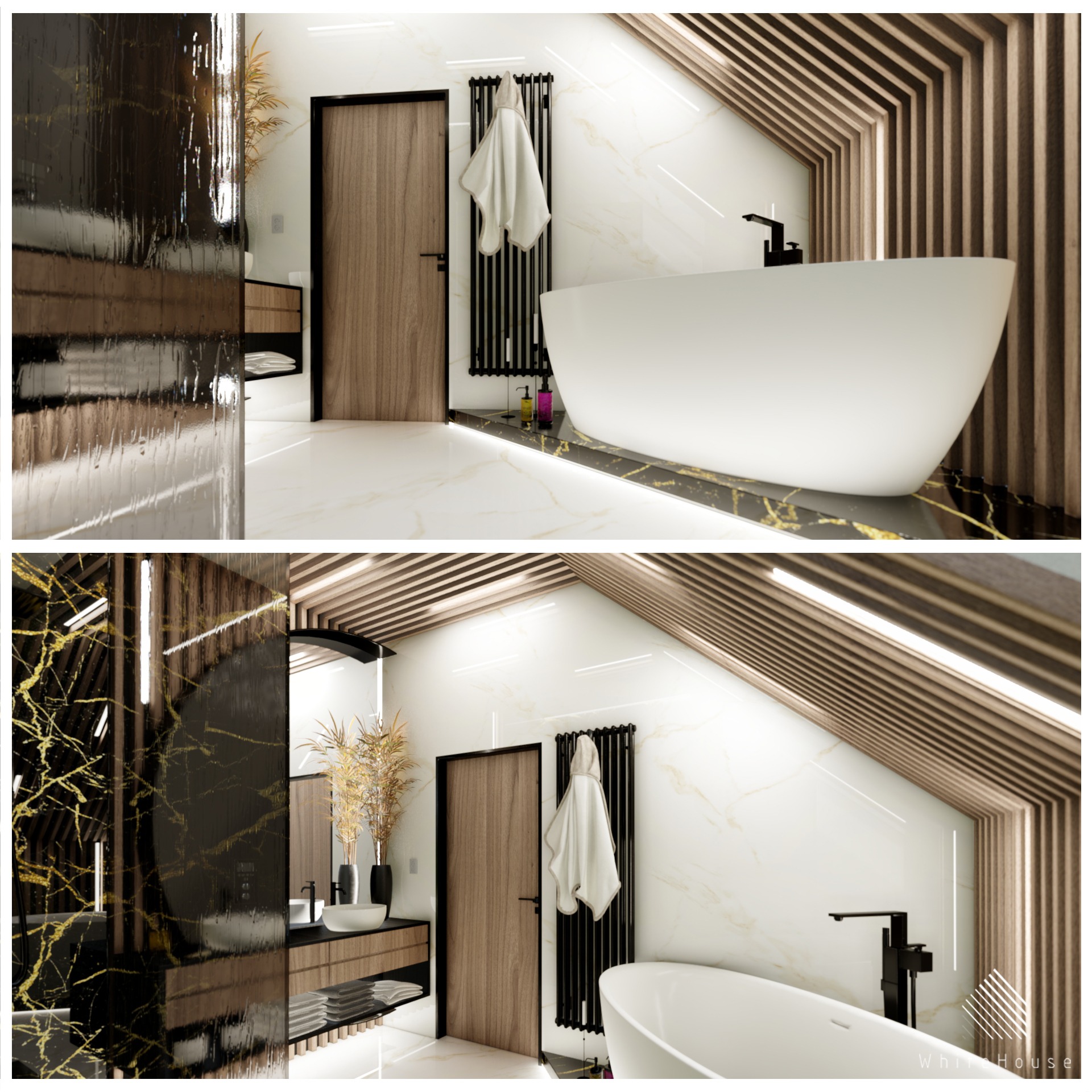 Wizualizacja nowoczesnej łazienki na poddaszu z białą wanną wolnostojącą, czarną armaturą, grzejnikiem drabinkowym z zawieszonym ręcznikiem i ścianą z imitacji marmuru.