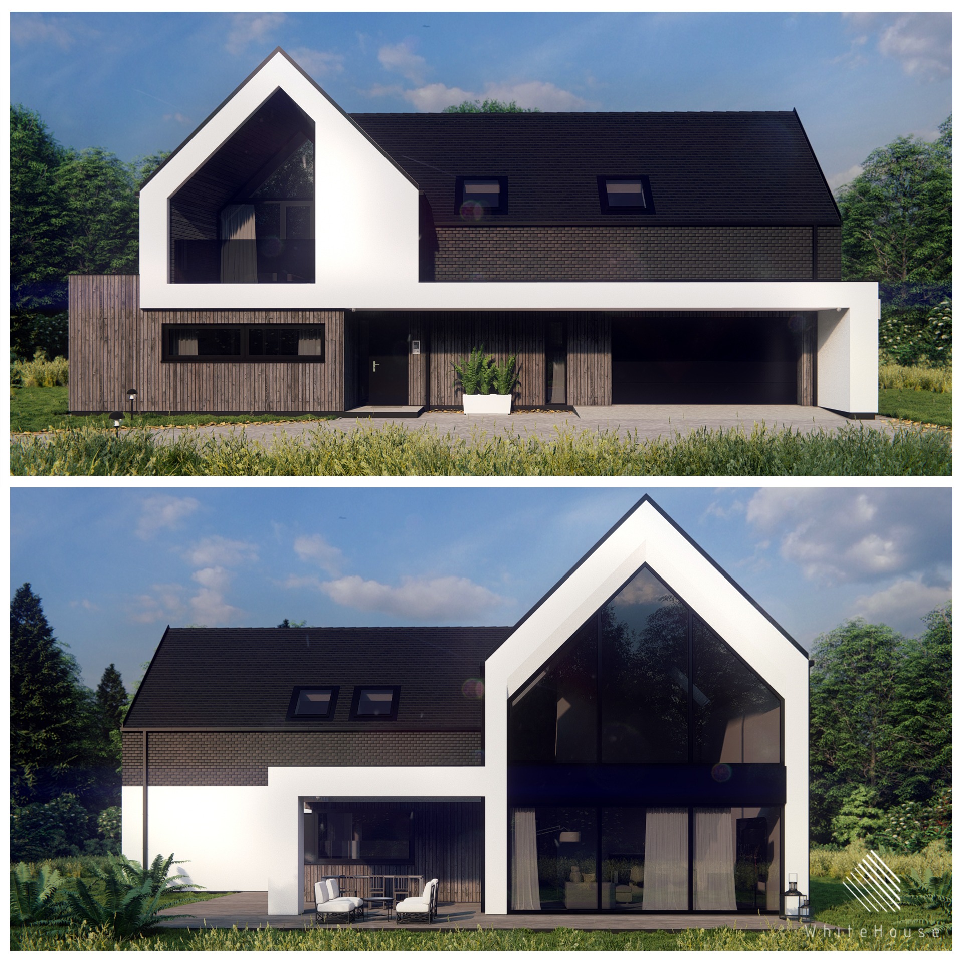 Wizualizacja nowoczesnego domu jednorodzinnego z białymi elementami elewacji, drewnianą okładziną i dużymi przeszkleniami, otoczonego zielenią. Widoczne dwa ujęcia: front z garażem i tył z tarasem.