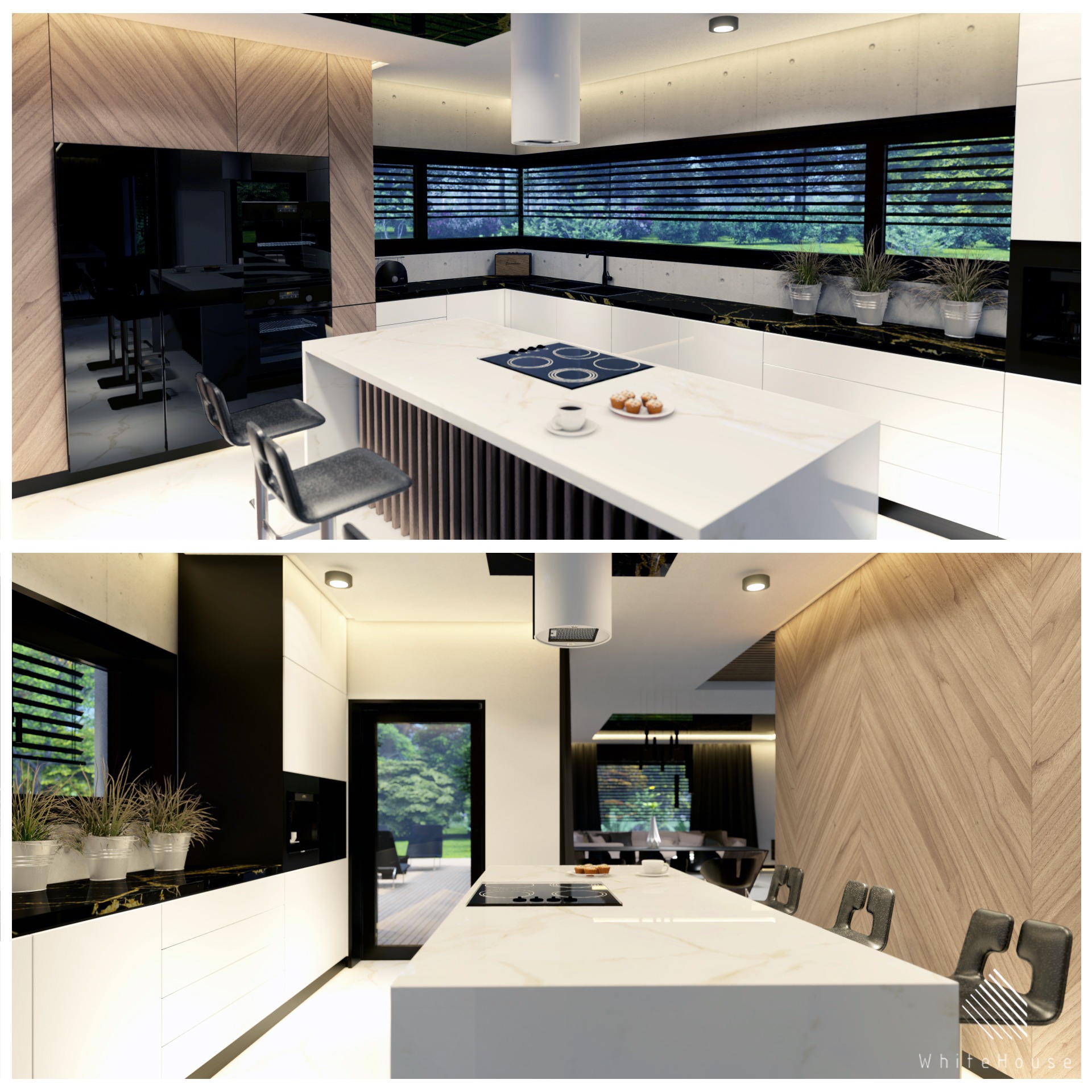 Nowoczesna kuchnia z wyspą, drewnianą ścianą w jodełkę i czarnymi akcentami, widok z dwóch perspektyw.