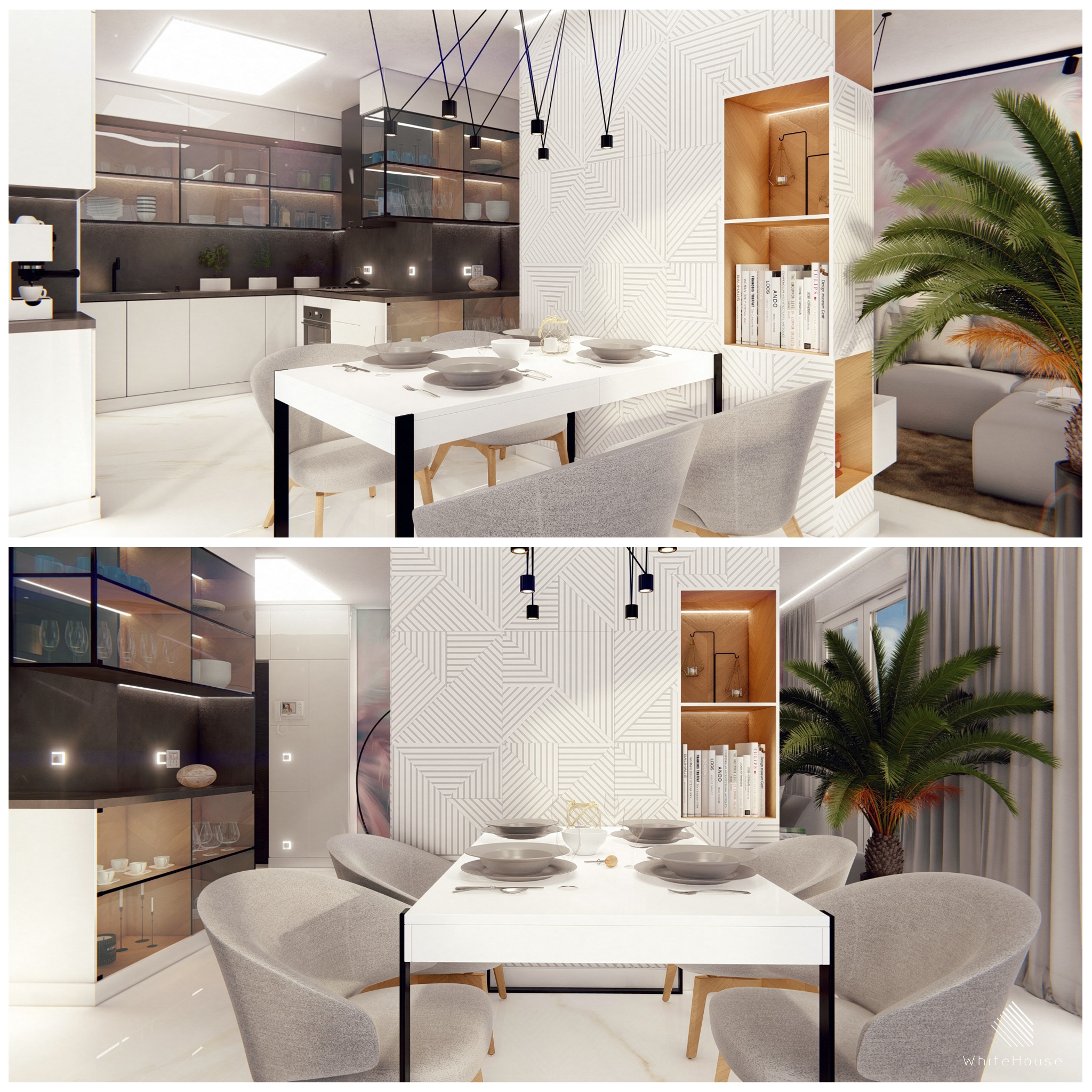 Wnętrze nowoczesnej jadalni z kuchnią w tle: biały stół z zastawą, szare krzesła, przeszklone szafki kuchenne z oświetleniem LED, dekoracyjna ściana z geometrycznym wzorem i regał z książkami...