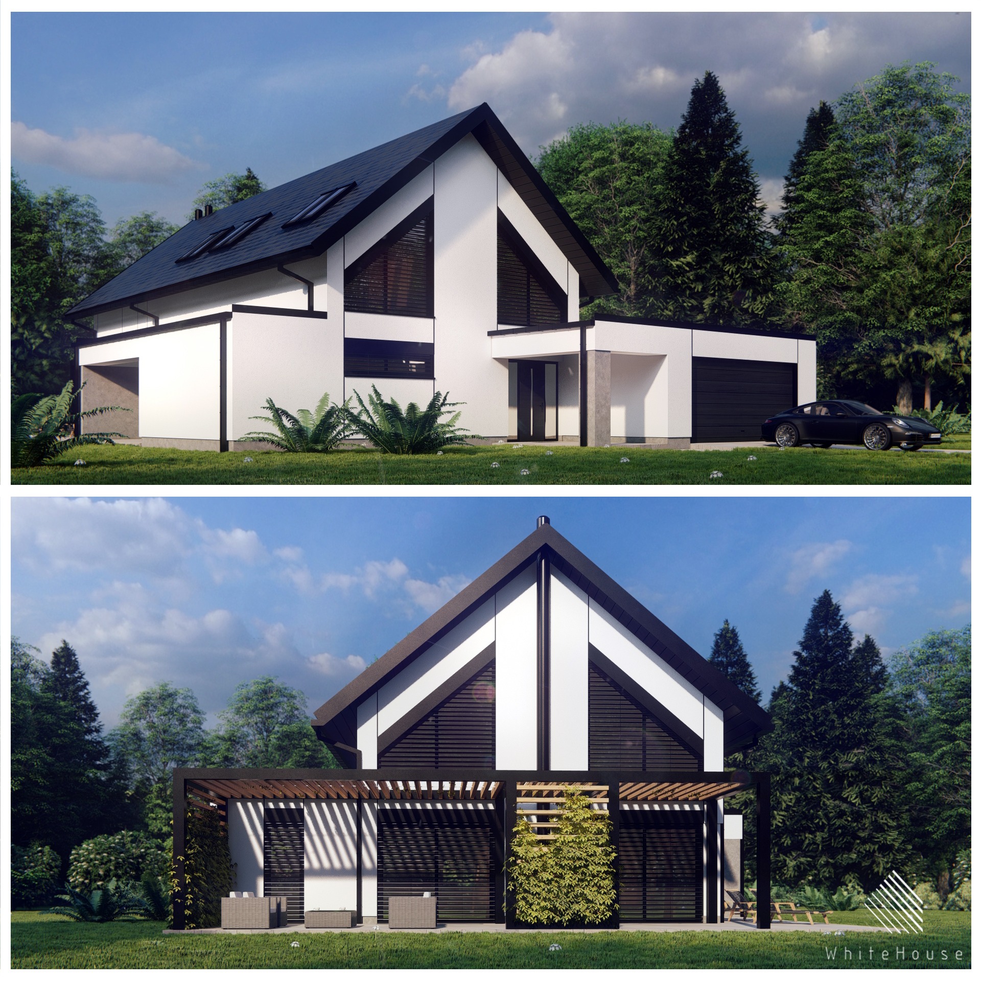 Wizualizacja nowoczesnego domu jednorodzinnego z czarno-białą elewacją, dużymi oknami z żaluzjami i garażem z czarnym samochodem sportowym na tle zieleni.