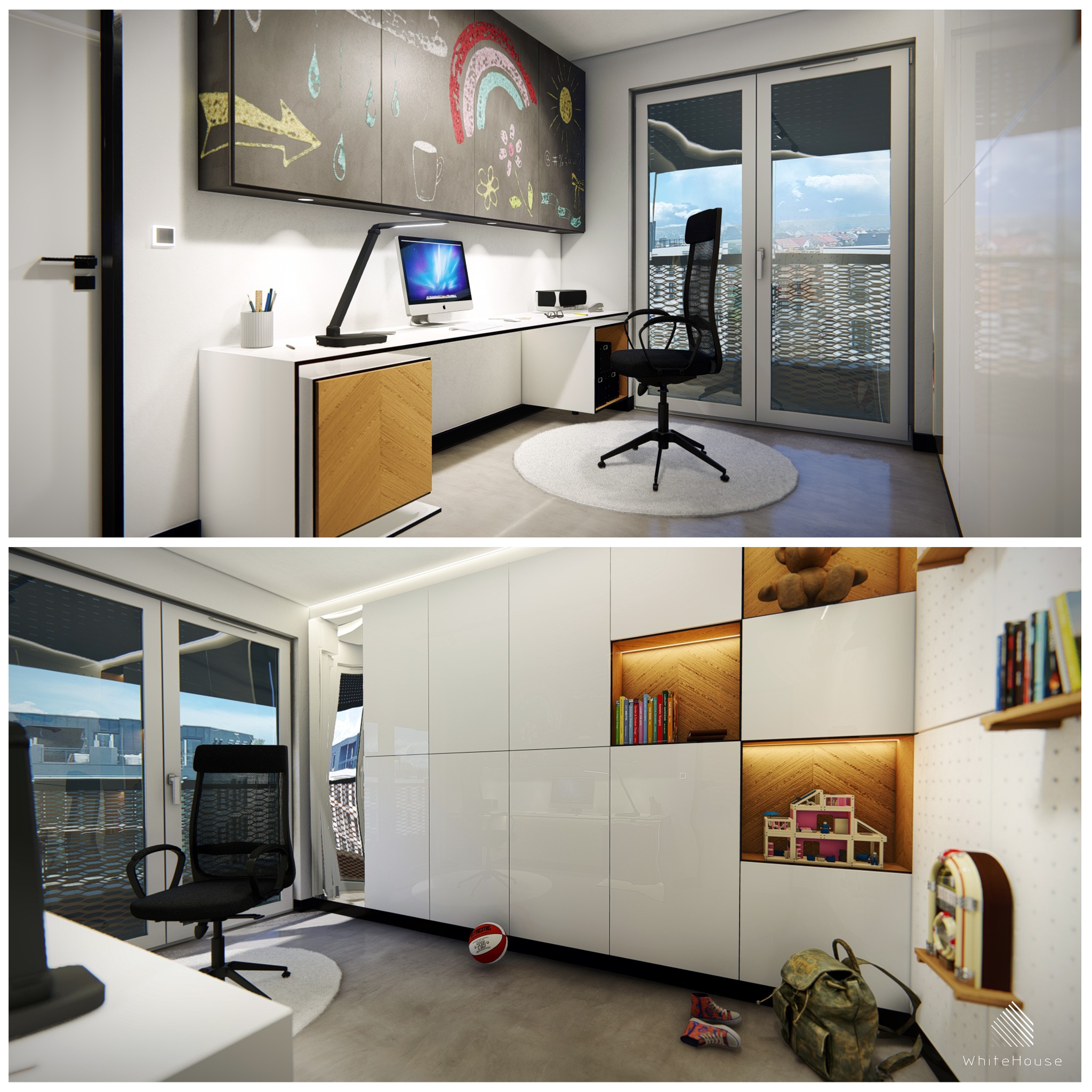 Nowoczesny pokój dziecięcy z biurkiem, komputerem, krzesłem obrotowym na okrągłym dywanie, szafkami z rysunkami na tablicy oraz regałem z zabawkami i książkami, widok na balkon.