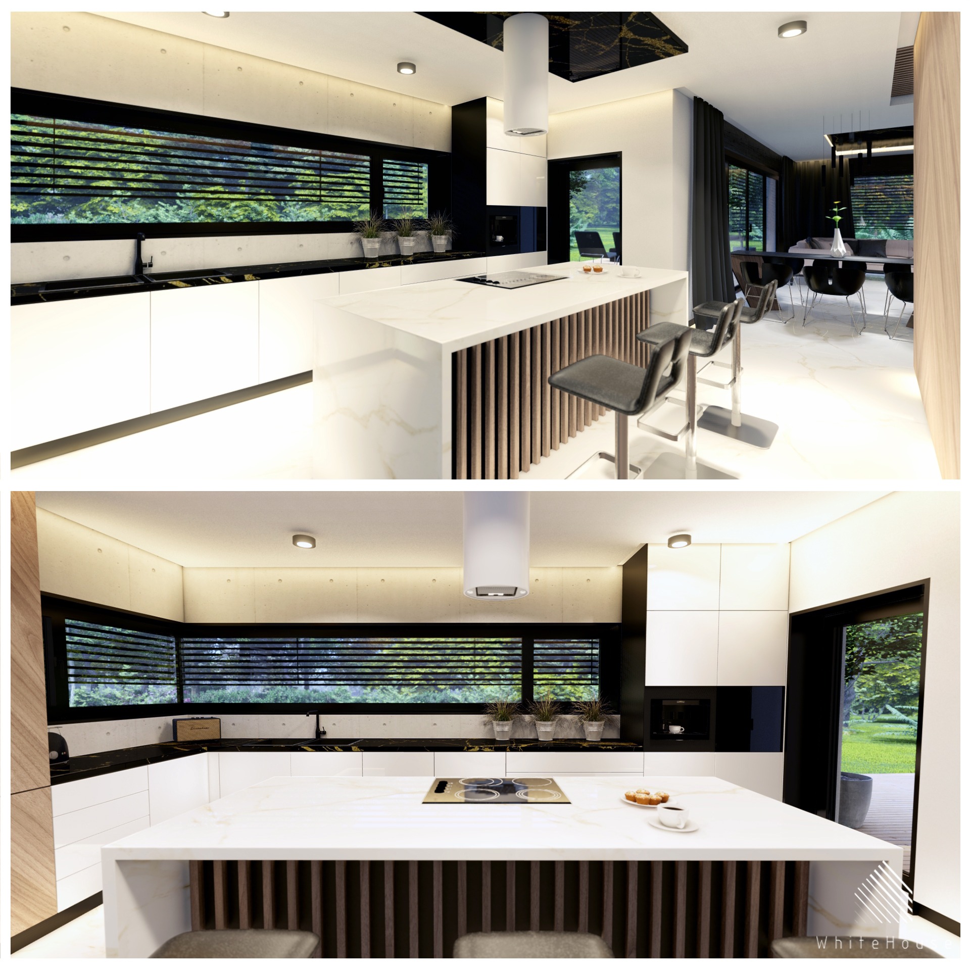 Wizualizacja nowoczesnej kuchni z wyspą, białymi szafkami i czarnym blatem z marmurkowym wzorem, widok na jadalnię z czarnymi krzesłami i ogród przez duże okno.
