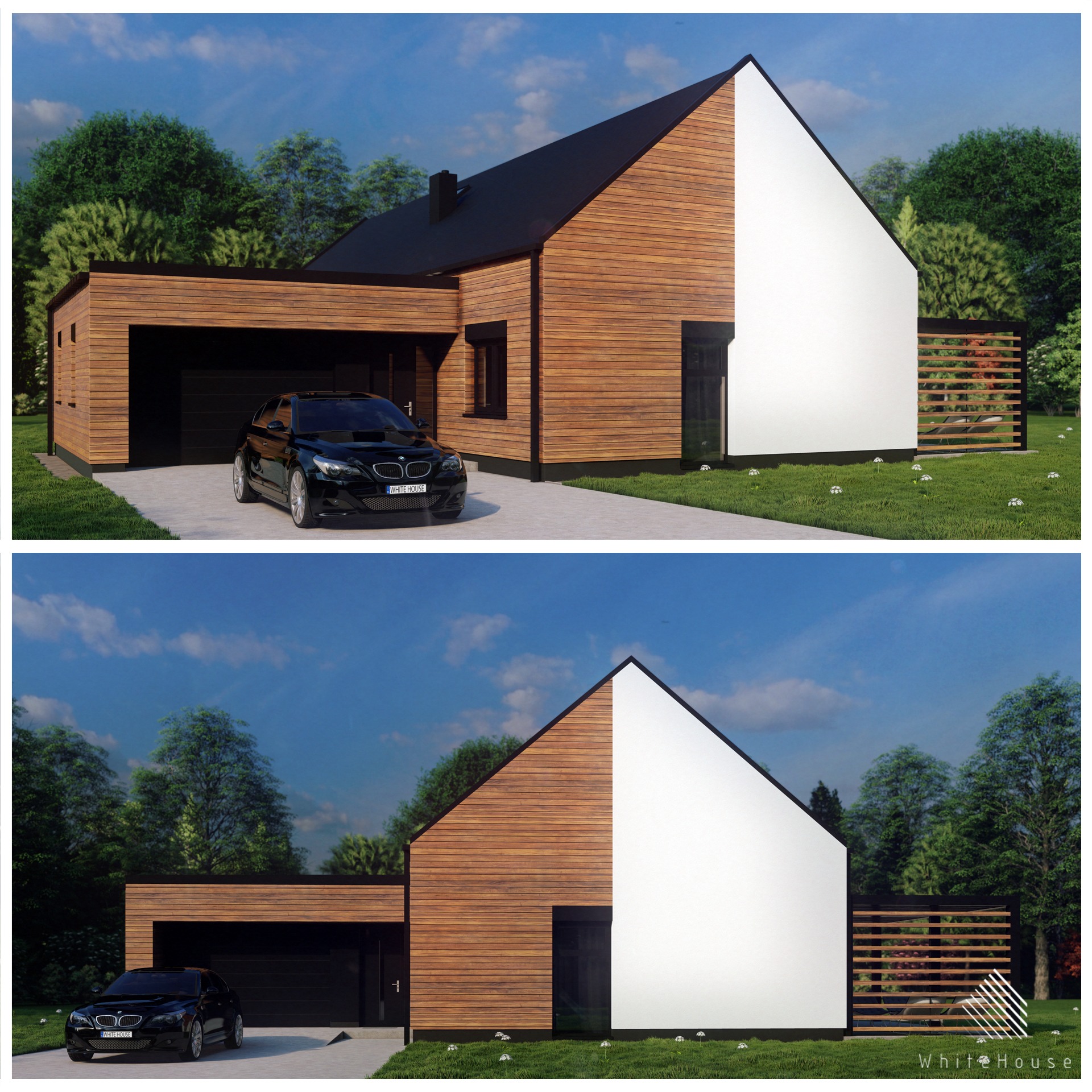 Wizualizacja nowoczesnego domu jednorodzinnego z garażem, wykończonego drewnem i białym tynkiem, z czarną stolarką okienną i dachem, z samochodem zaparkowanym przed garażem.