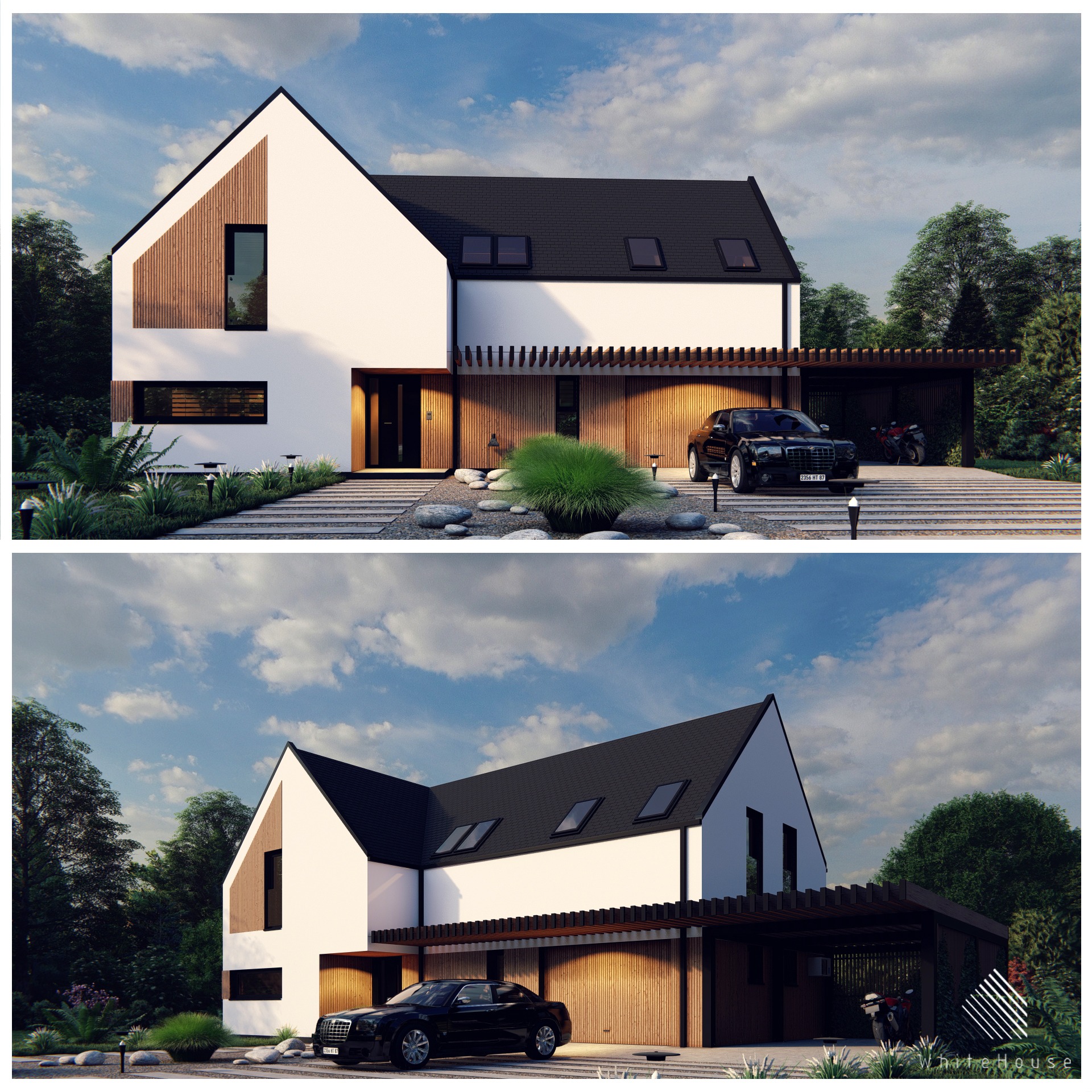 Wizualizacja nowoczesnego domu jednorodzinnego z białymi ścianami i drewnianymi elementami elewacji, z zadaszonym miejscem parkingowym dla samochodu i motocykla, otoczonego zielenią.