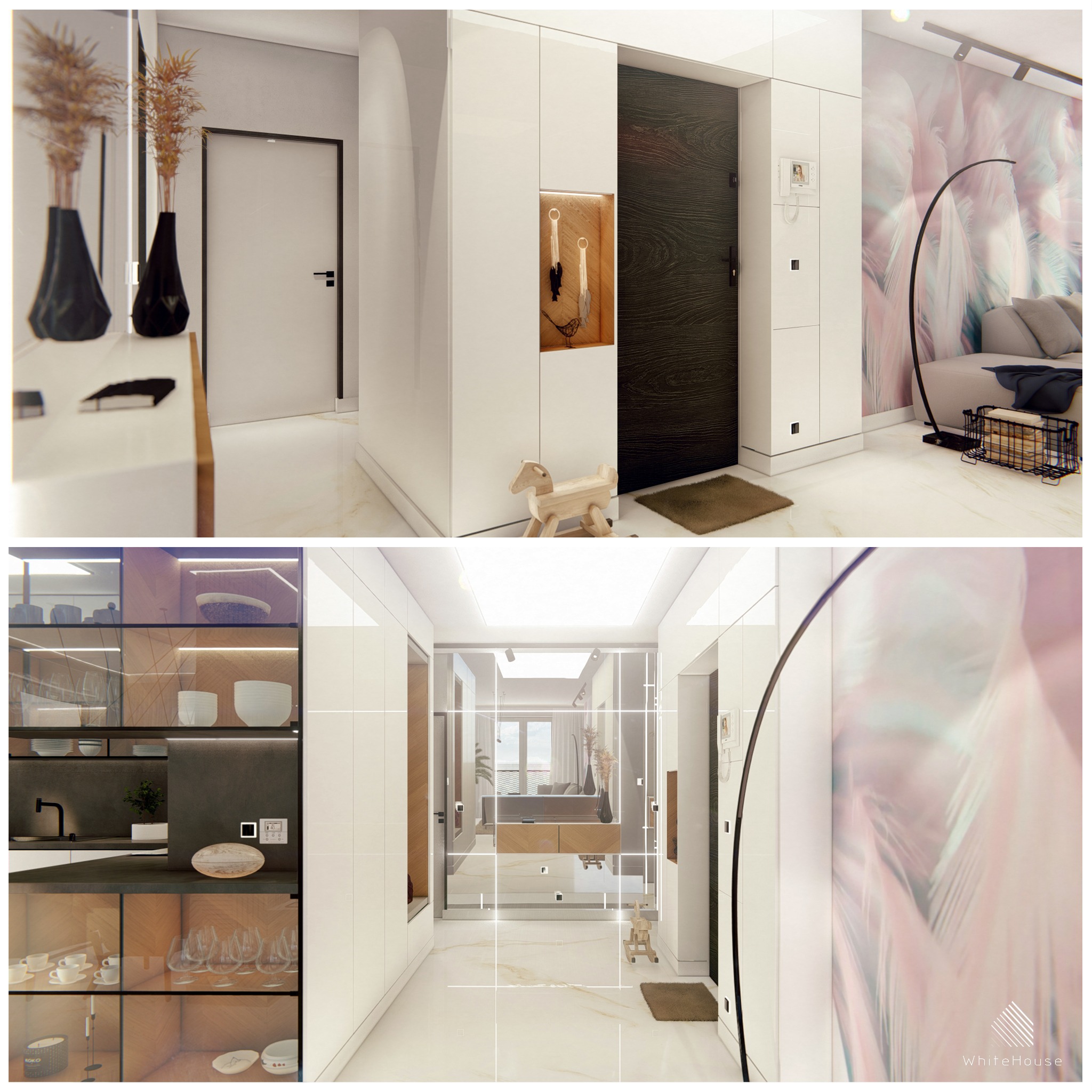 Wnętrze nowoczesnego przedpokoju z białymi szafami w zabudowie, drewnianym konikiem na podłodze i dekoracyjną tapetą w pióra.