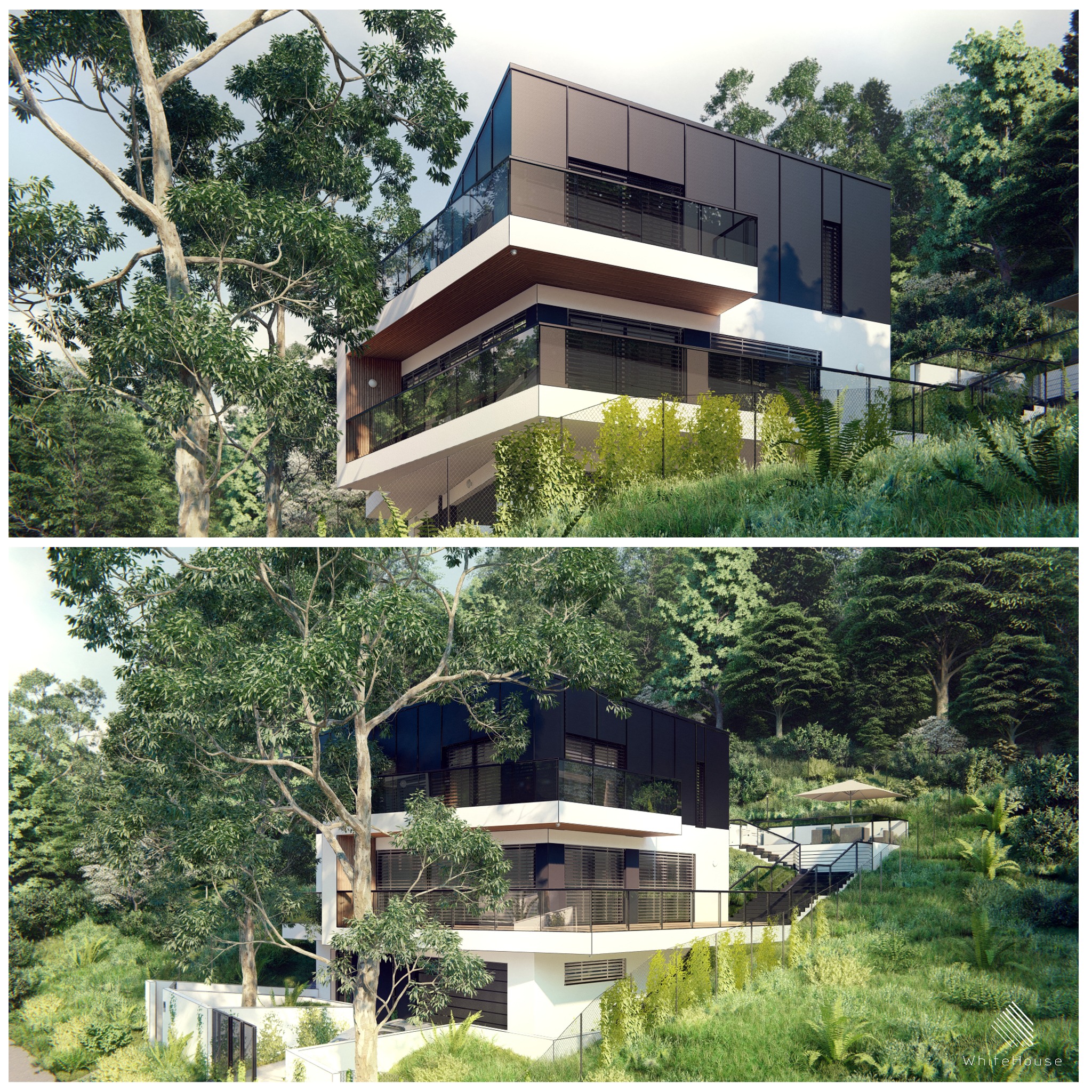 Wizualizacja nowoczesnego, trzypiętrowego domu z płaskim dachem, obłożonego czarnymi panelami i białym tynkiem, otoczonego bujną zielenią i drzewami.