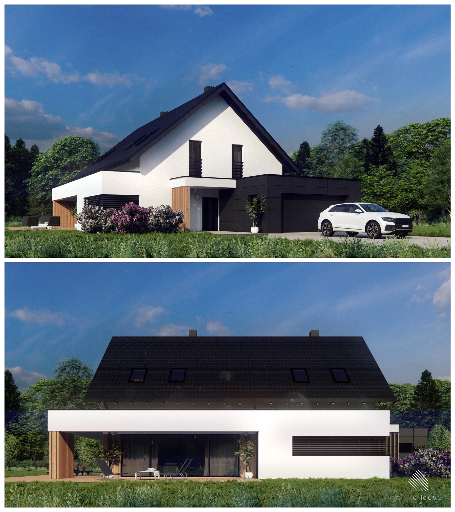 Wizualizacja nowoczesnego domu jednorodzinnego z czarnym dachem i białymi ścianami, z garażem na dwa samochody i starannie zaprojektowanym otoczeniem z zielenią i białym SUVem.