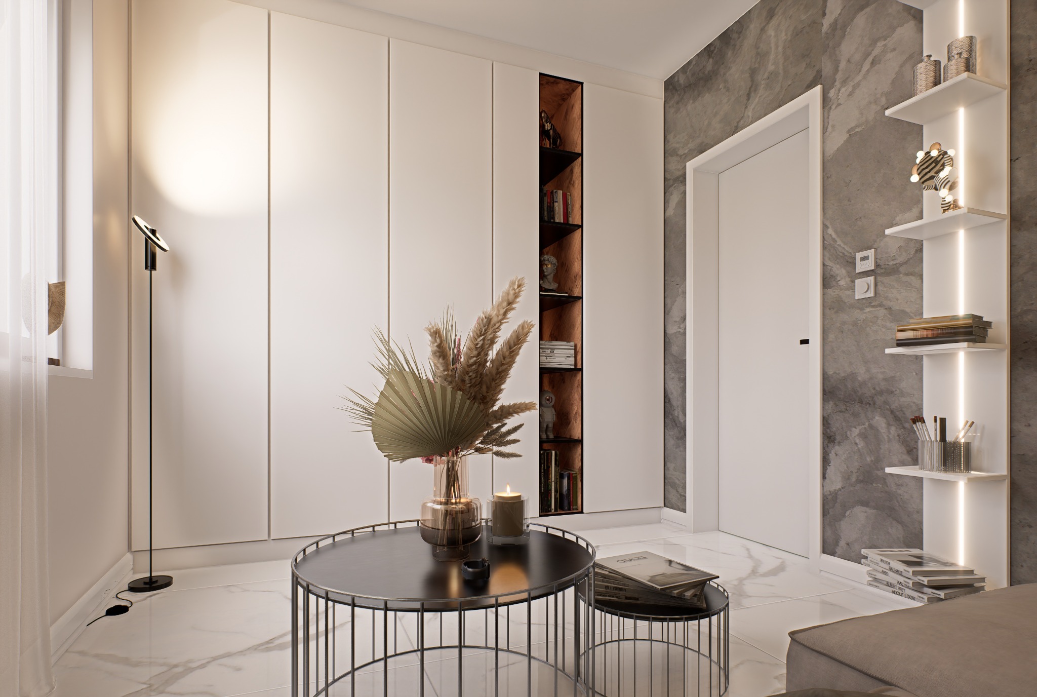 Nowoczesne wnętrze salonu z marmurową podłogą, minimalistyczną zabudową meblową, okrągłym stolikiem kawowym z dekoracyjnym bukietem i subtelnym oświetleniem LED.
